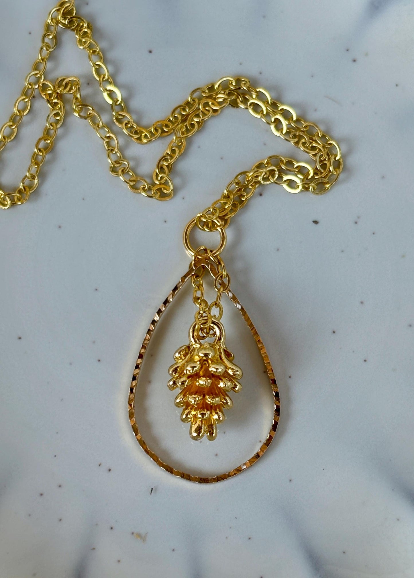 Gold Pinecone Necklace Teardrop Frame | Fall Nature Jewelry Necklaces Consecrated Jewelry Co.