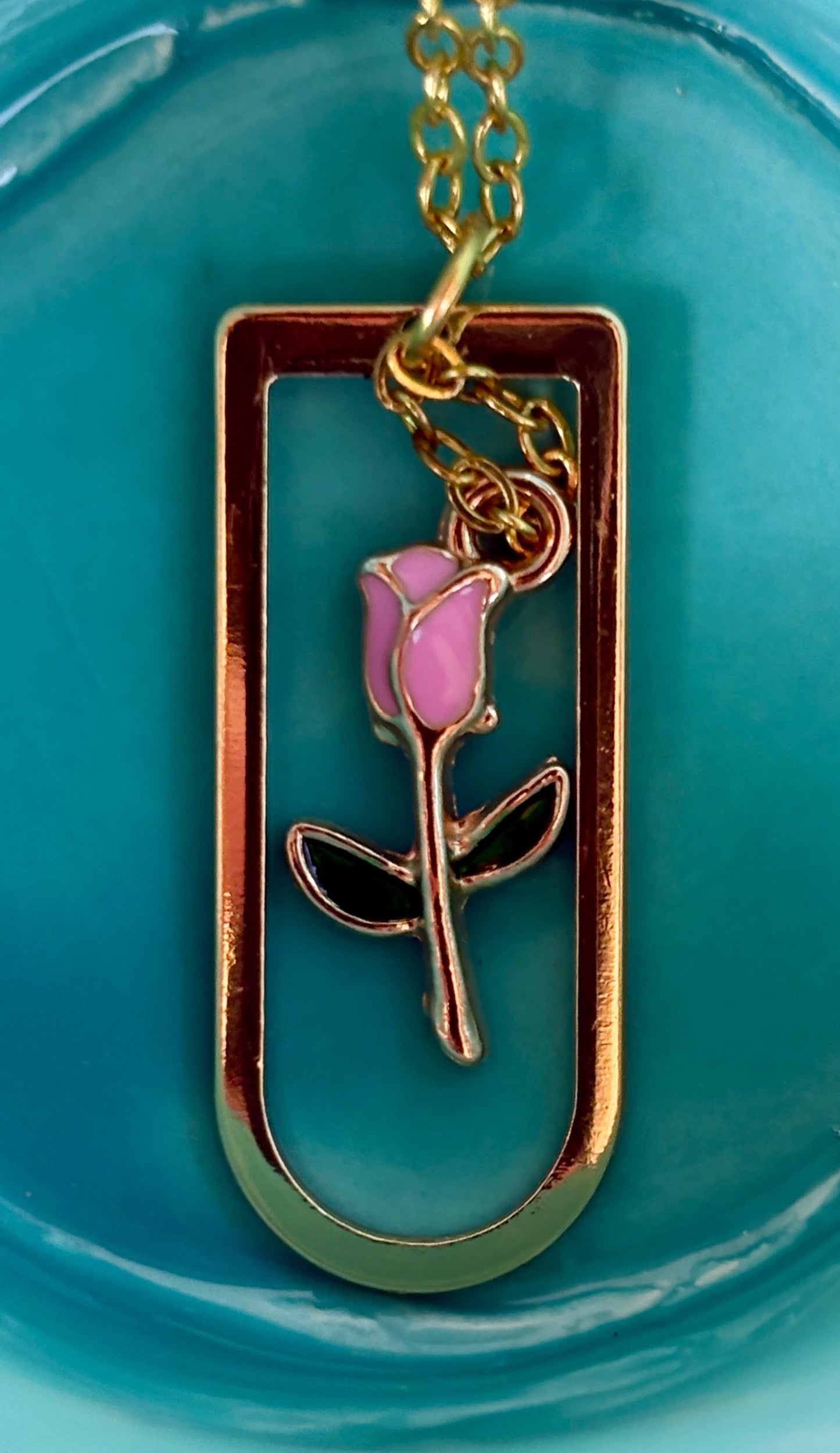 Arched Gold Frame Pink Rose Necklace: Floral Seasonal Pendant Necklaces Consecrated Jewelry Co.