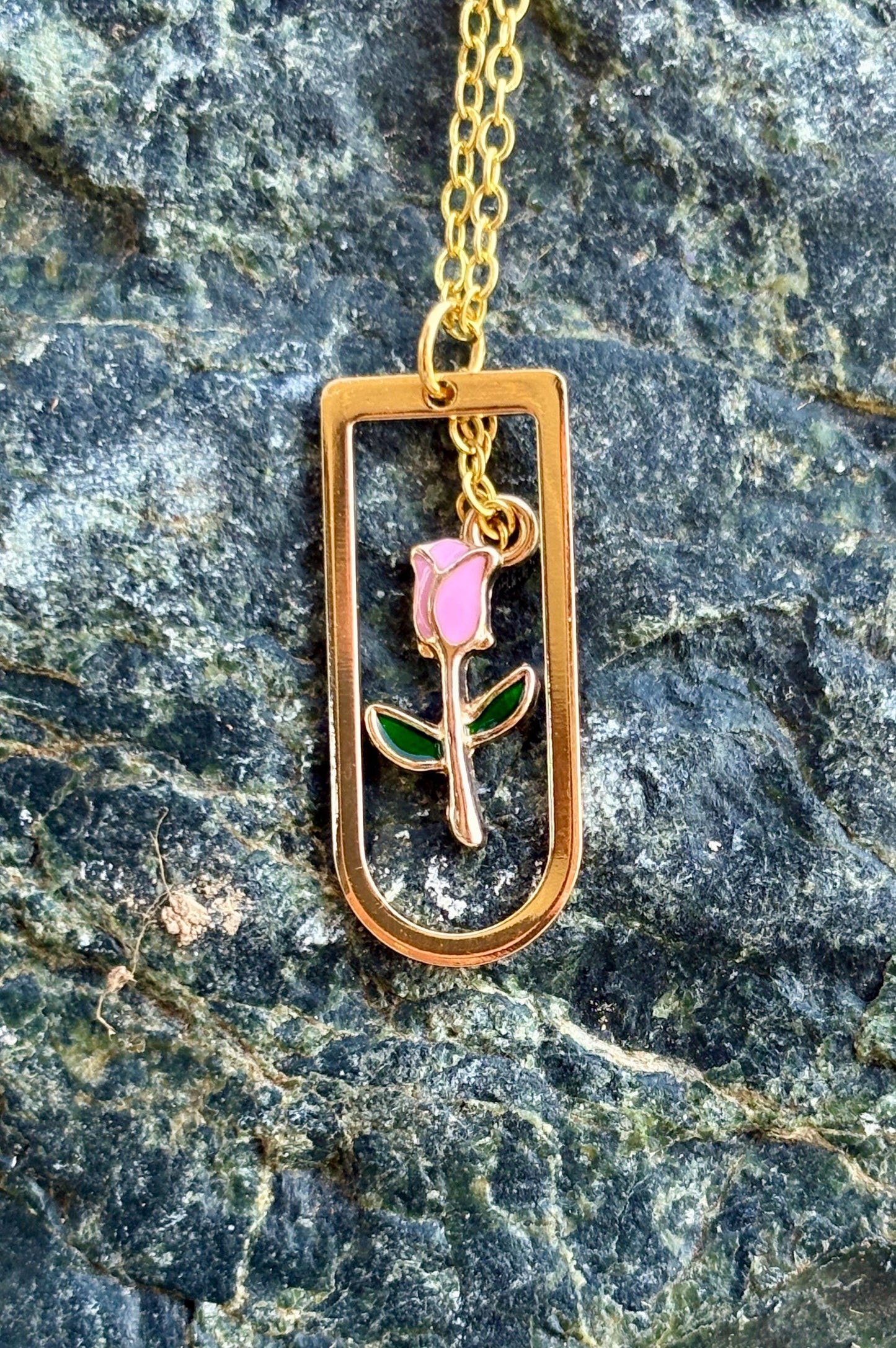 Arched Gold Frame Pink Rose Necklace: Floral Seasonal Pendant Necklaces Consecrated Jewelry Co.