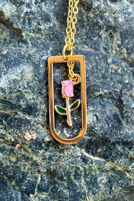Arched Gold Frame Pink Rose Necklace: Floral Seasonal Pendant Necklaces Consecrated Jewelry Co.