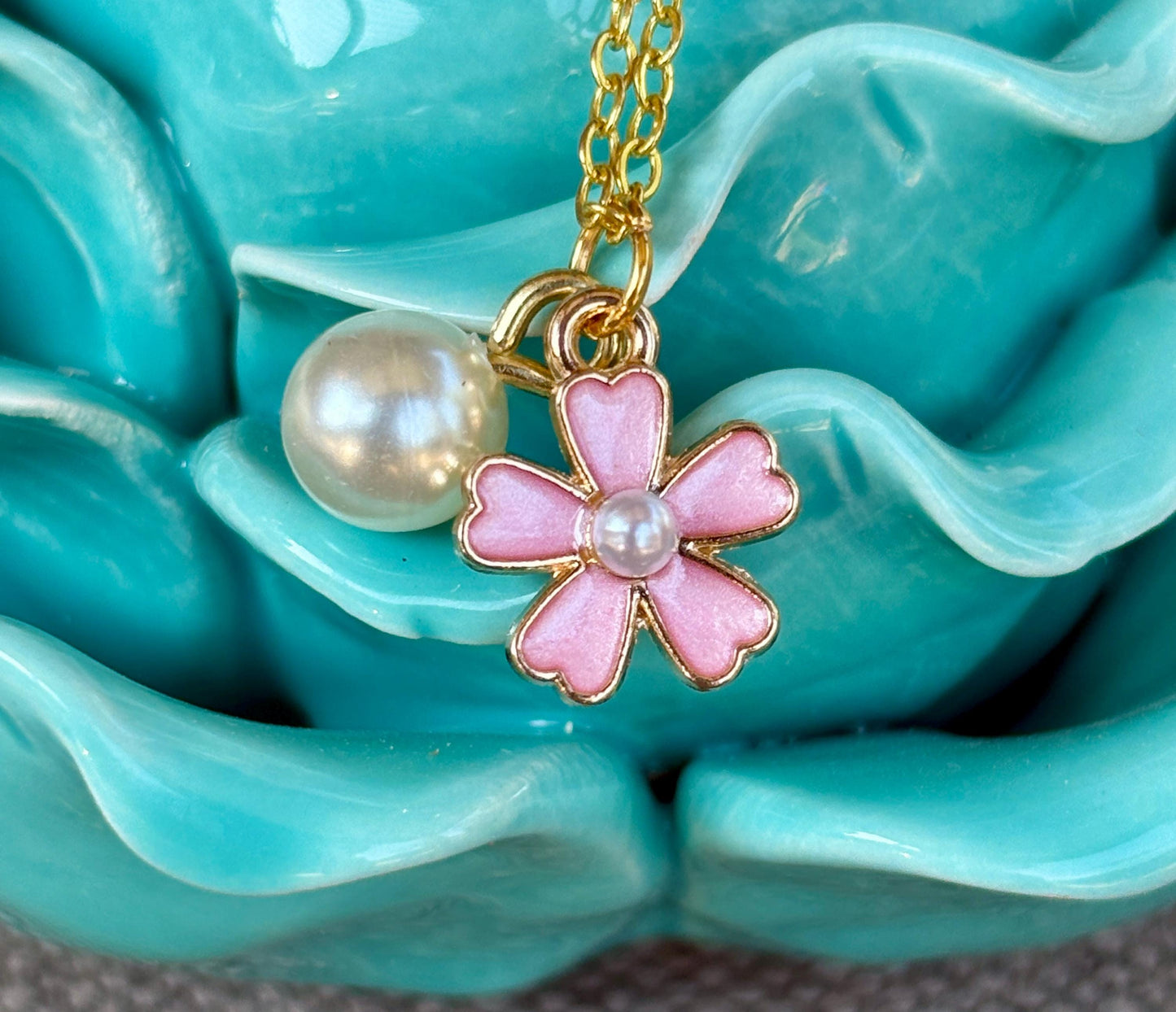 Pink Flower Pearl Gold Necklace | Dainty Floral Charm Necklaces Consecrated Jewelry Co.