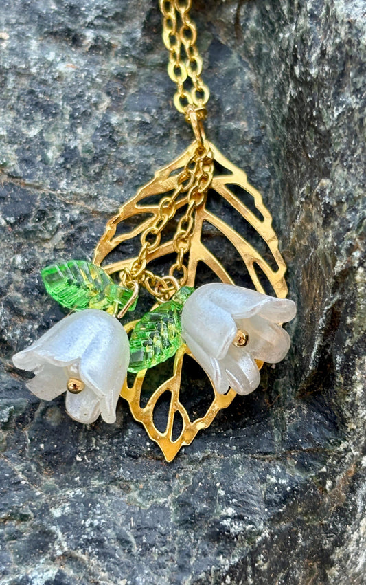 Gold Leaf White Teacup Flower Necklace: Cottagecore Botanical Pendant Necklaces Consecrated Jewelry Co.