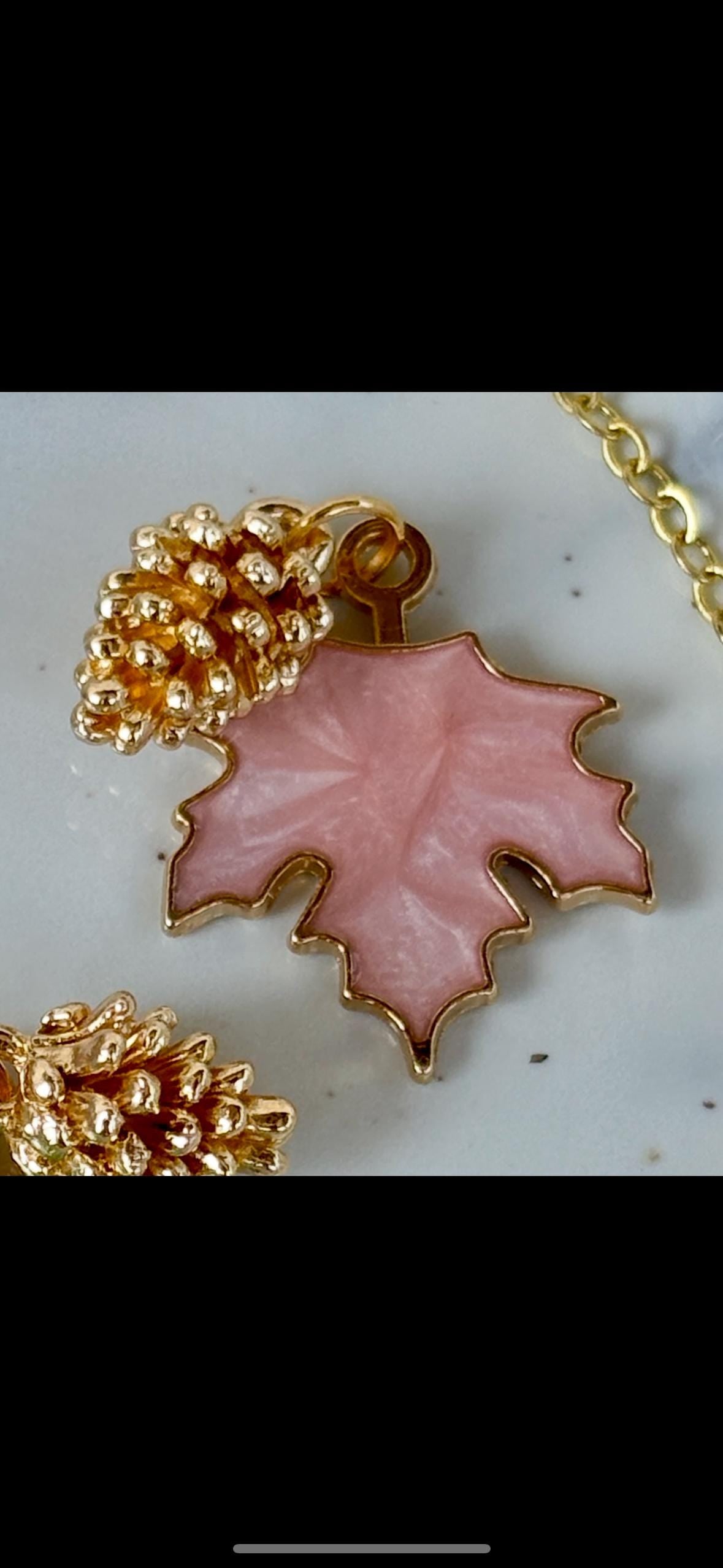 Pink, Putple, Green Leaf and Gold Pinecone Charm Necklace: Fall Autumn Season Pendant Necklaces Consecrated Jewelry Co.