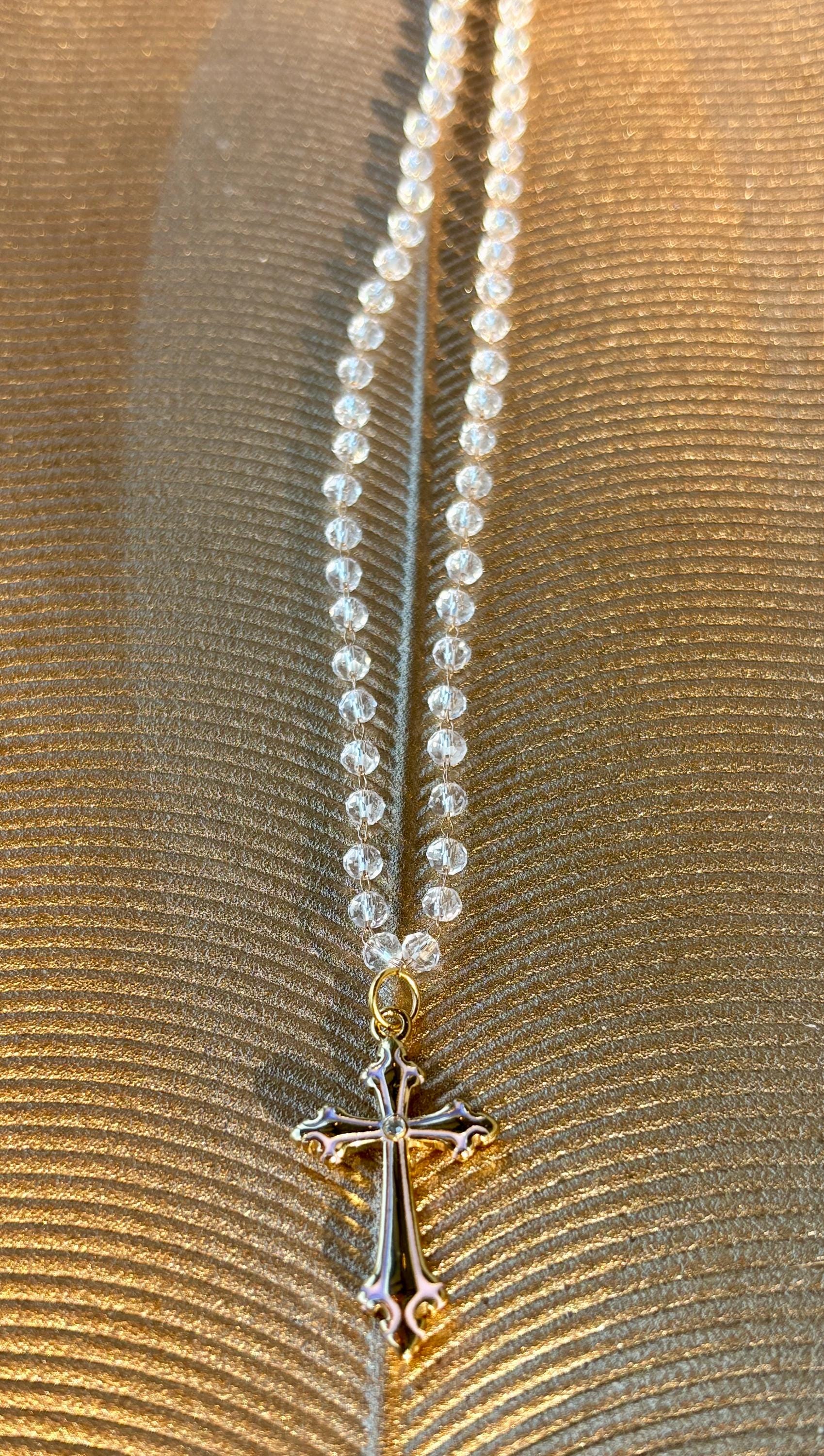Gold and White Cross Necklace: Clear Beaded Christian Faith Inspired Jewelry Necklaces Consecrated Jewelry Co.