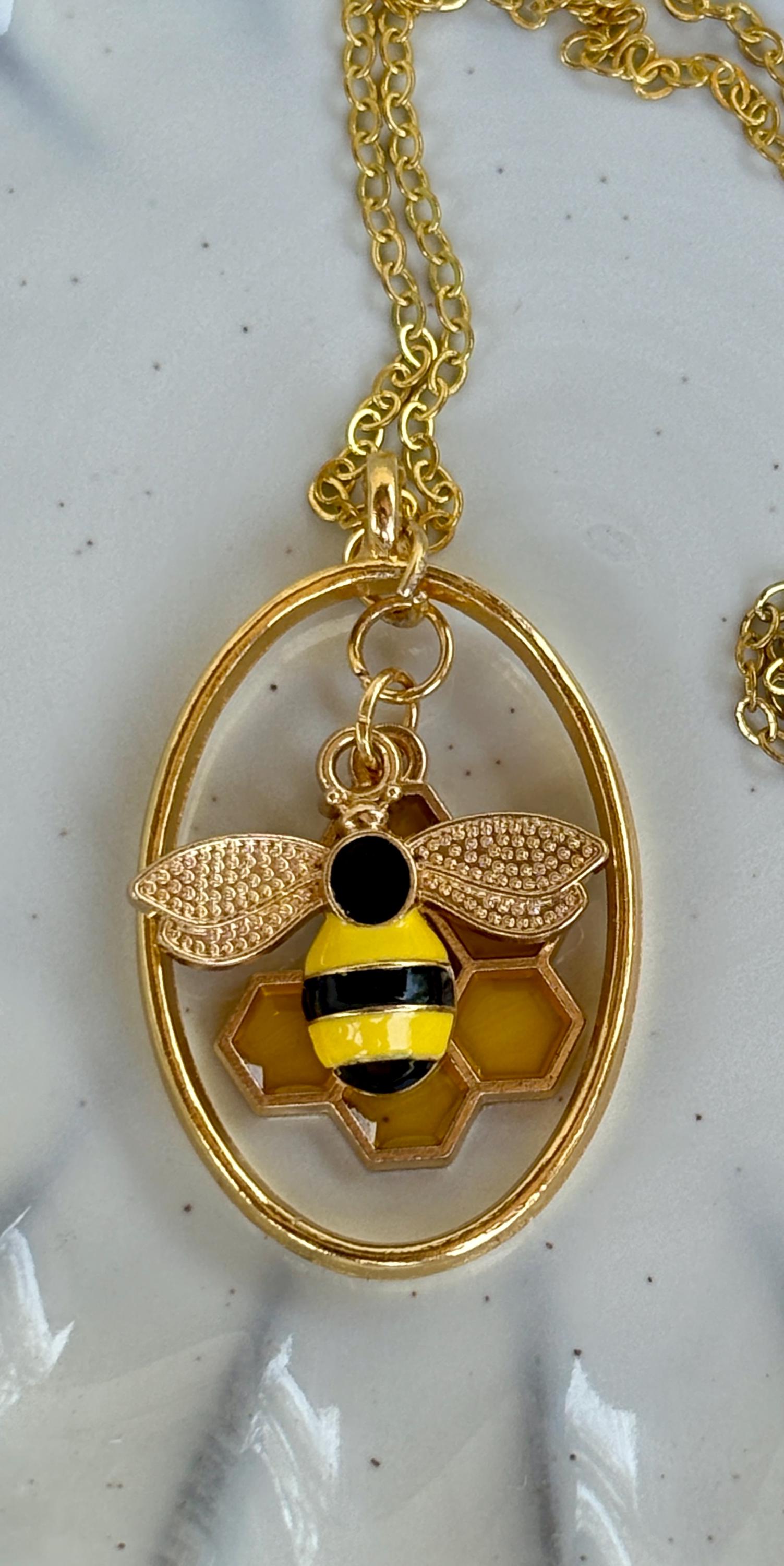 Gold Honeycomb Bee Necklace | Layered Oval Pendant Necklaces Consecrated Jewelry Co.