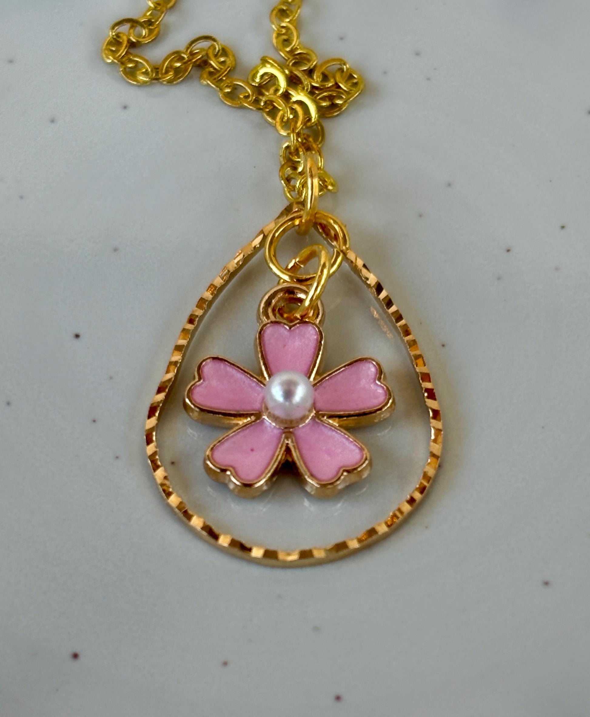 Gold Teardrop Necklace | Pink Flower Pearl Pendant Necklaces Consecrated Jewelry Co.