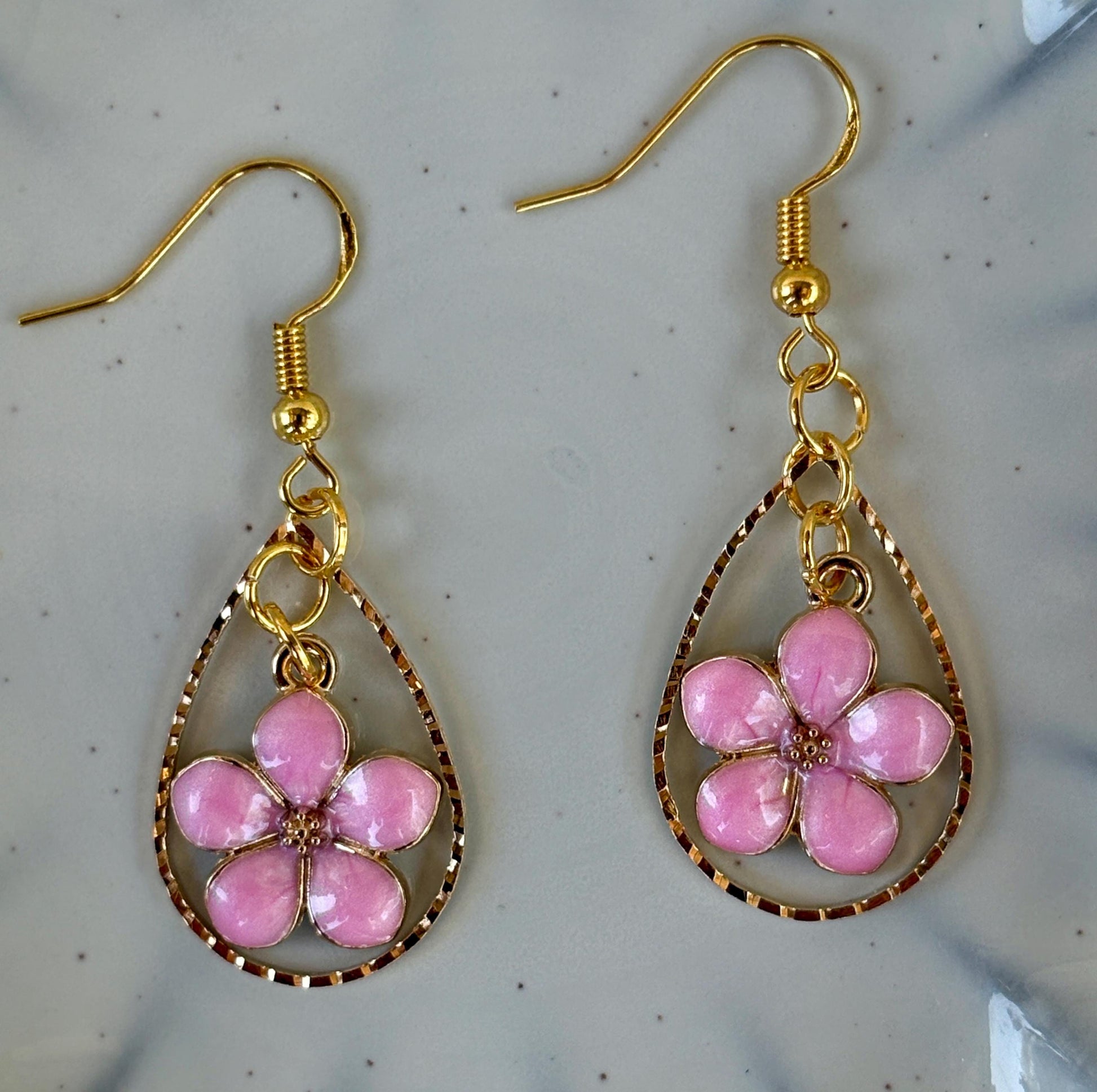 Gold Teardrop Earrings | Dainty Pink Flower Floral Dangle Earrings Consecrated Jewelry Co.