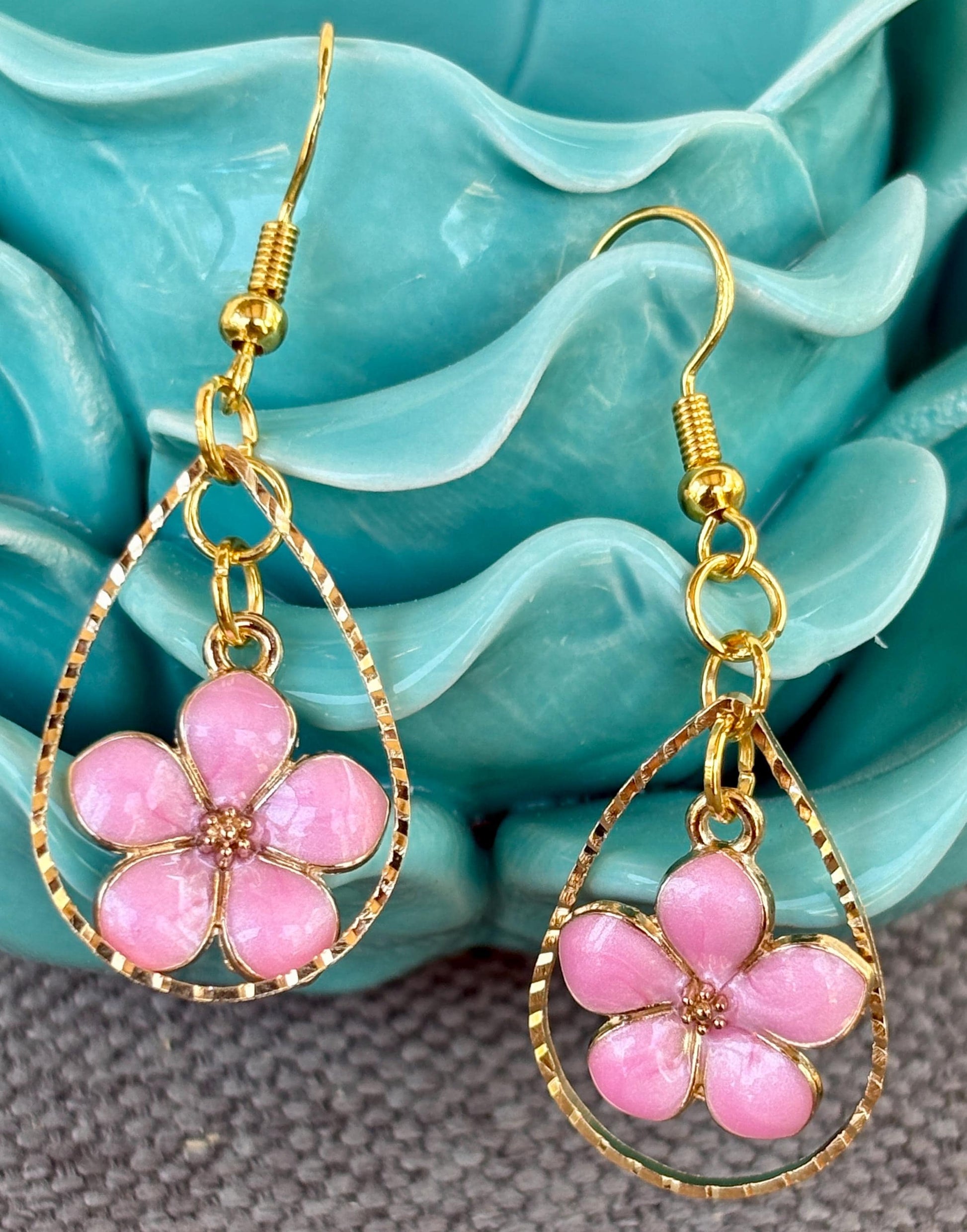 Gold Teardrop Earrings | Dainty Pink Flower Floral Dangle Earrings Consecrated Jewelry Co.