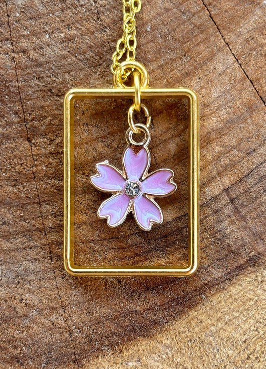 Gold Square Frame Pendant Necklace: Pink Flower Charm with Crystal Accent Necklaces Consecrated Jewelry Co.