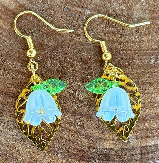 White Flower Dangle Earrings Gold Leaf | Fairy Cottagecore Earrings Consecrated Jewelry Co.