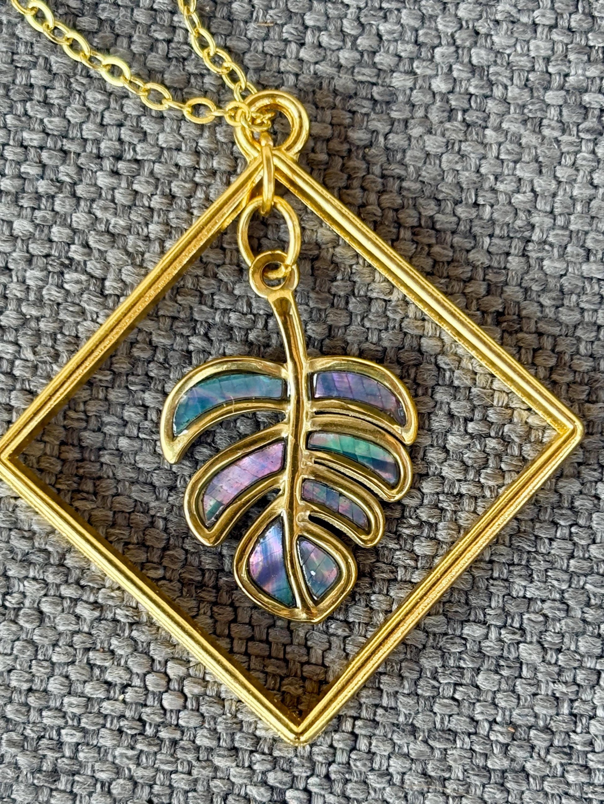 Tropical Leaf Necklace Gold Diamond Frame | Colorful Boho Necklaces Consecrated Jewelry Co.