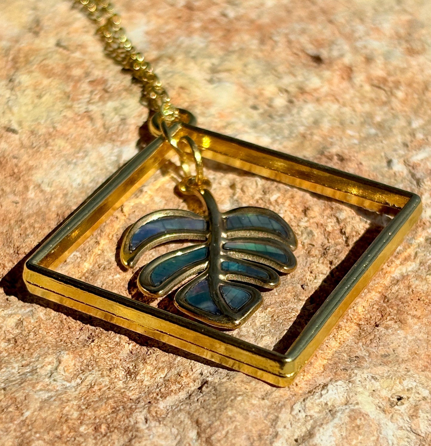 Tropical Leaf Necklace Gold Diamond Frame | Colorful Boho Necklaces Consecrated Jewelry Co.