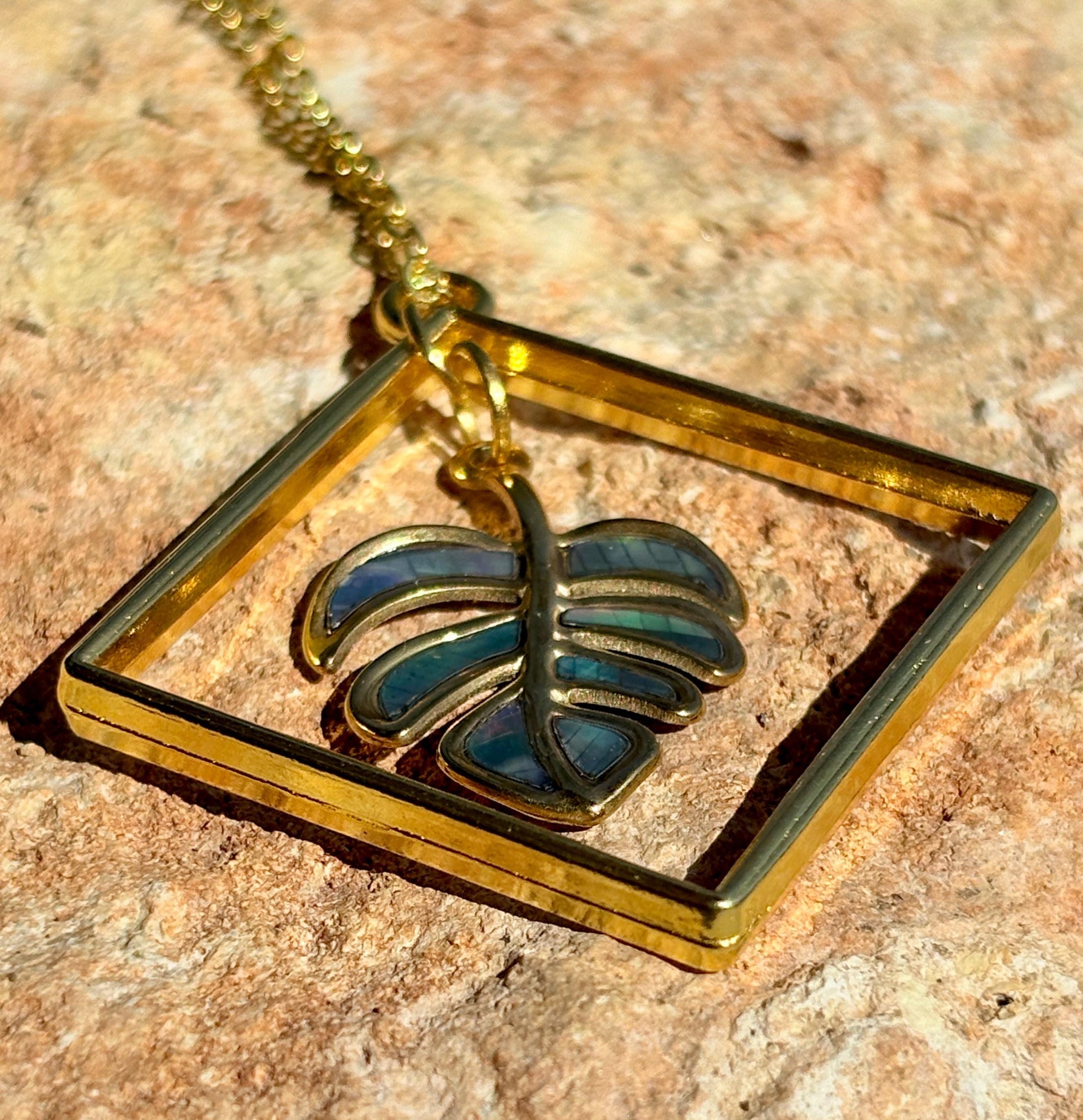 Tropical Leaf Necklace Gold Diamond Frame | Colorful Boho Necklaces Consecrated Jewelry Co.