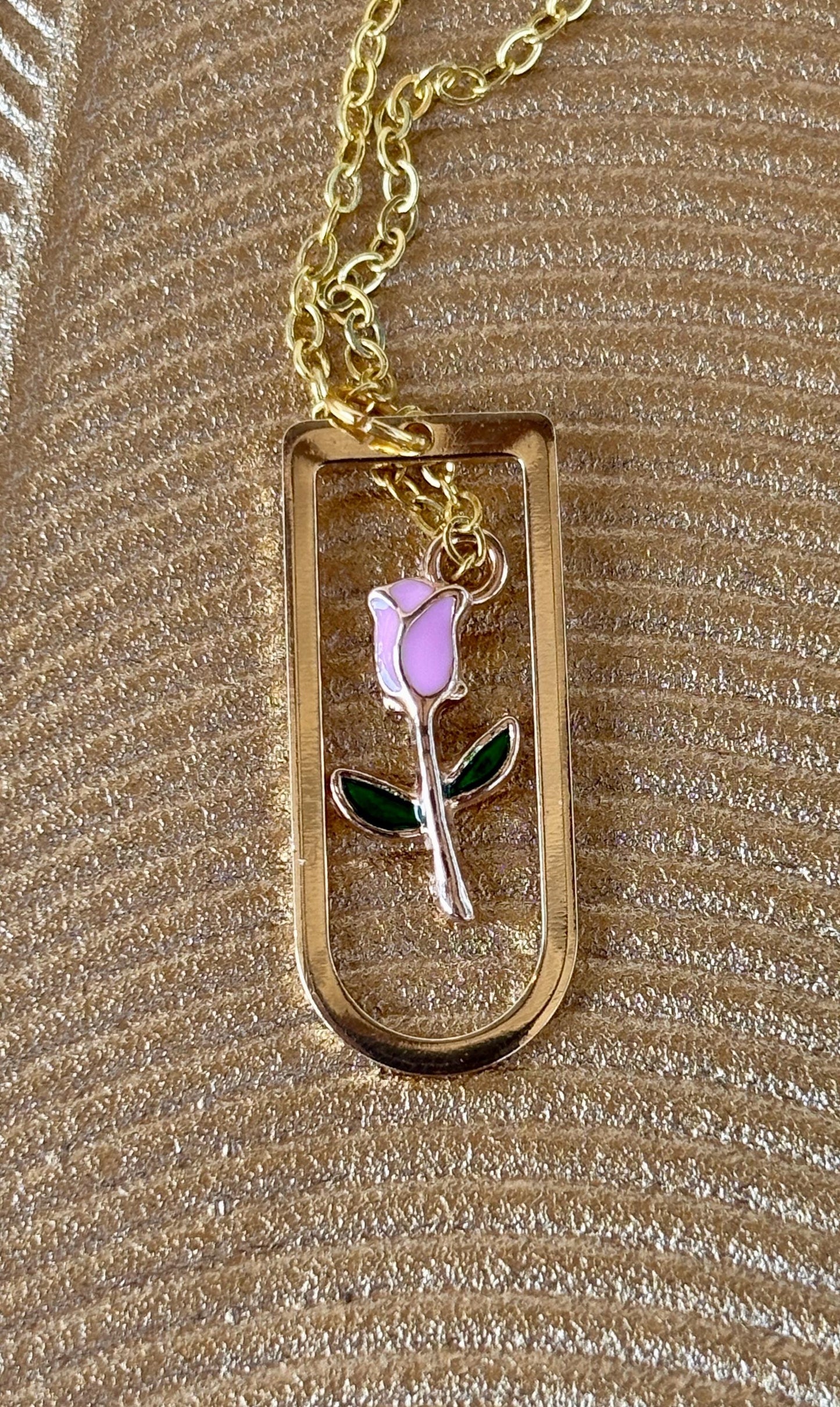 Arched Gold Frame Pink Rose Necklace: Floral Seasonal Pendant Necklaces Consecrated Jewelry Co.