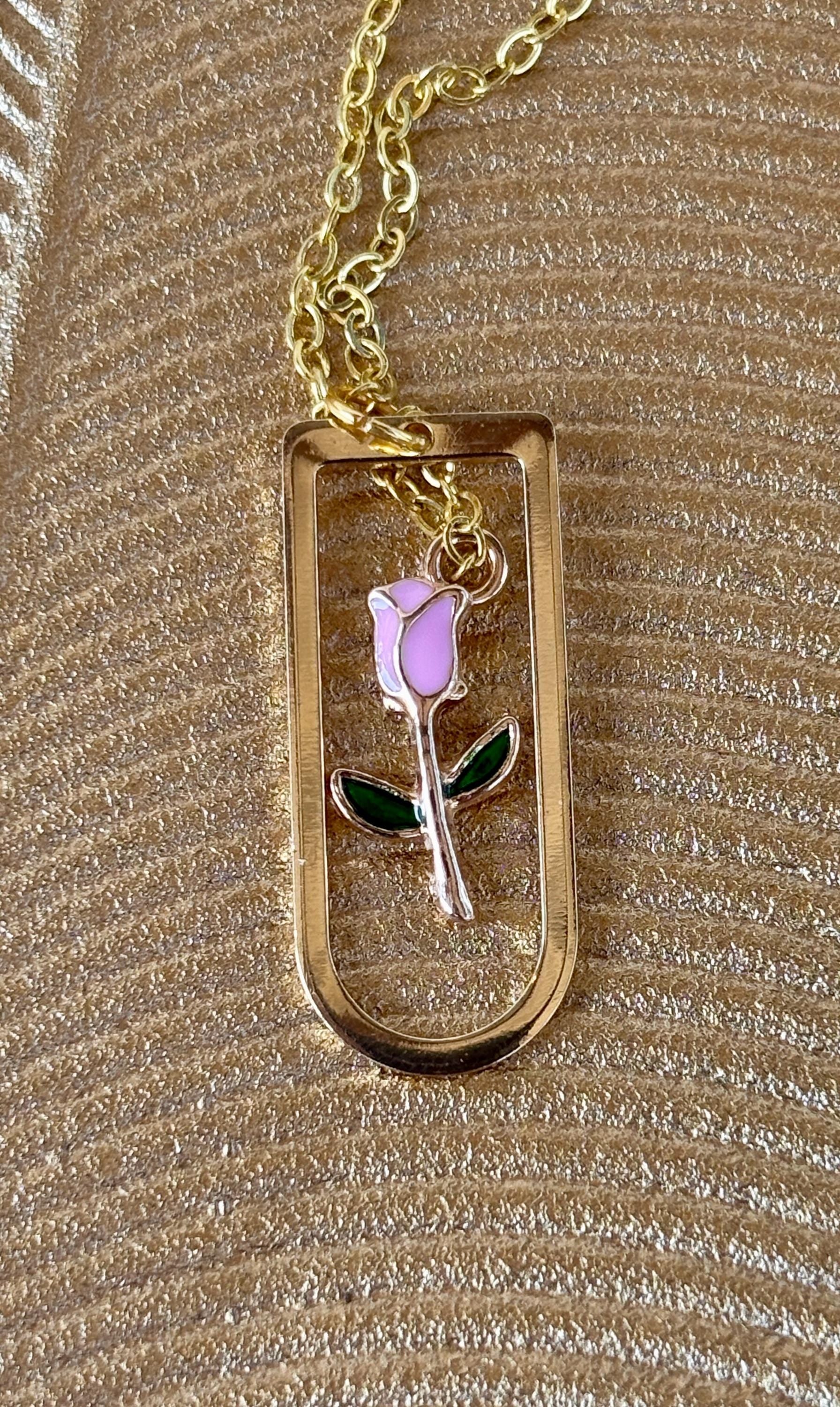 Arched Gold Frame Pink Rose Necklace: Floral Seasonal Pendant Necklaces Consecrated Jewelry Co.