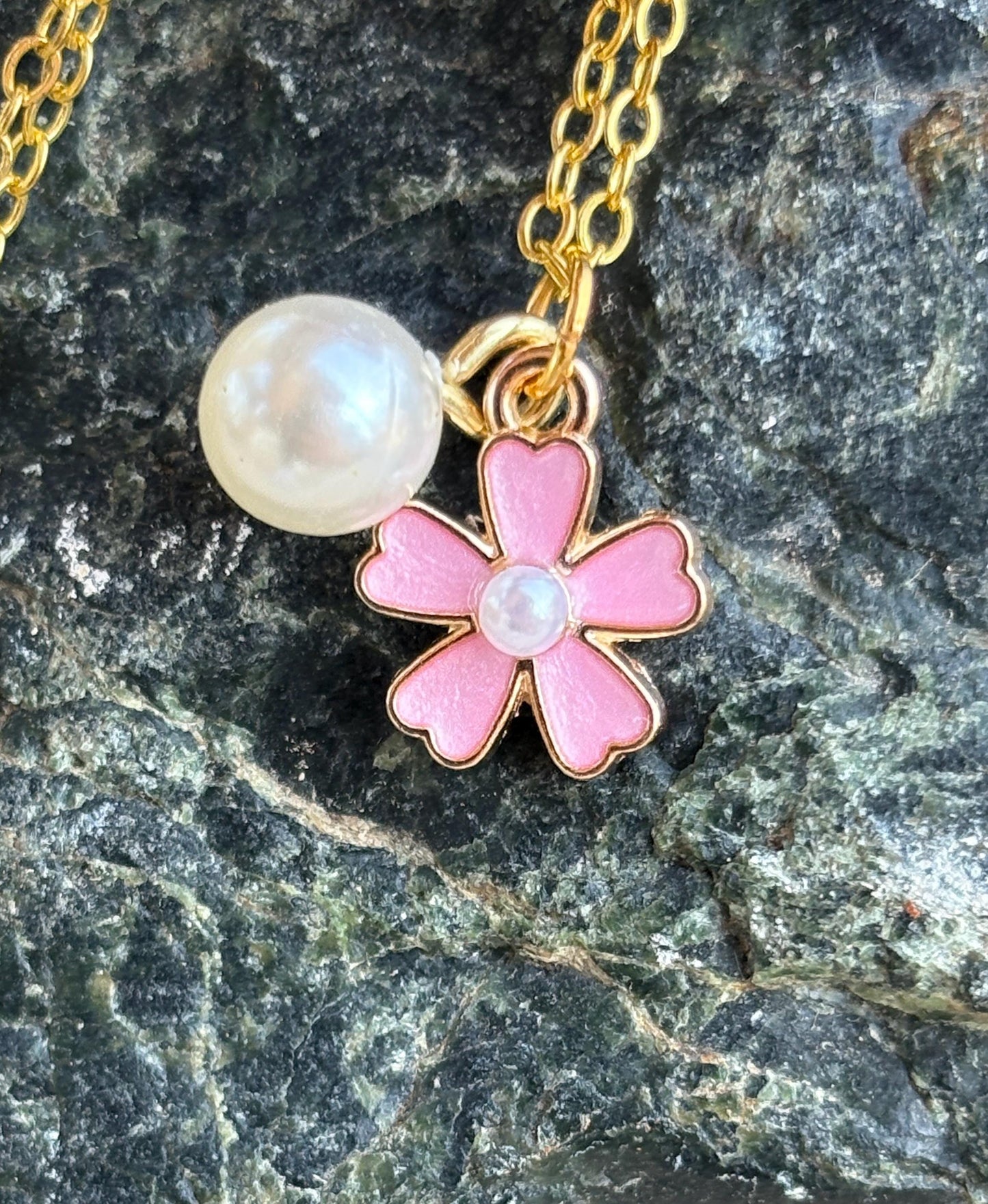 Pink Flower and Pearl Gold Necklace: Dainty Floral Charm Necklaces Consecrated Jewelry Co.