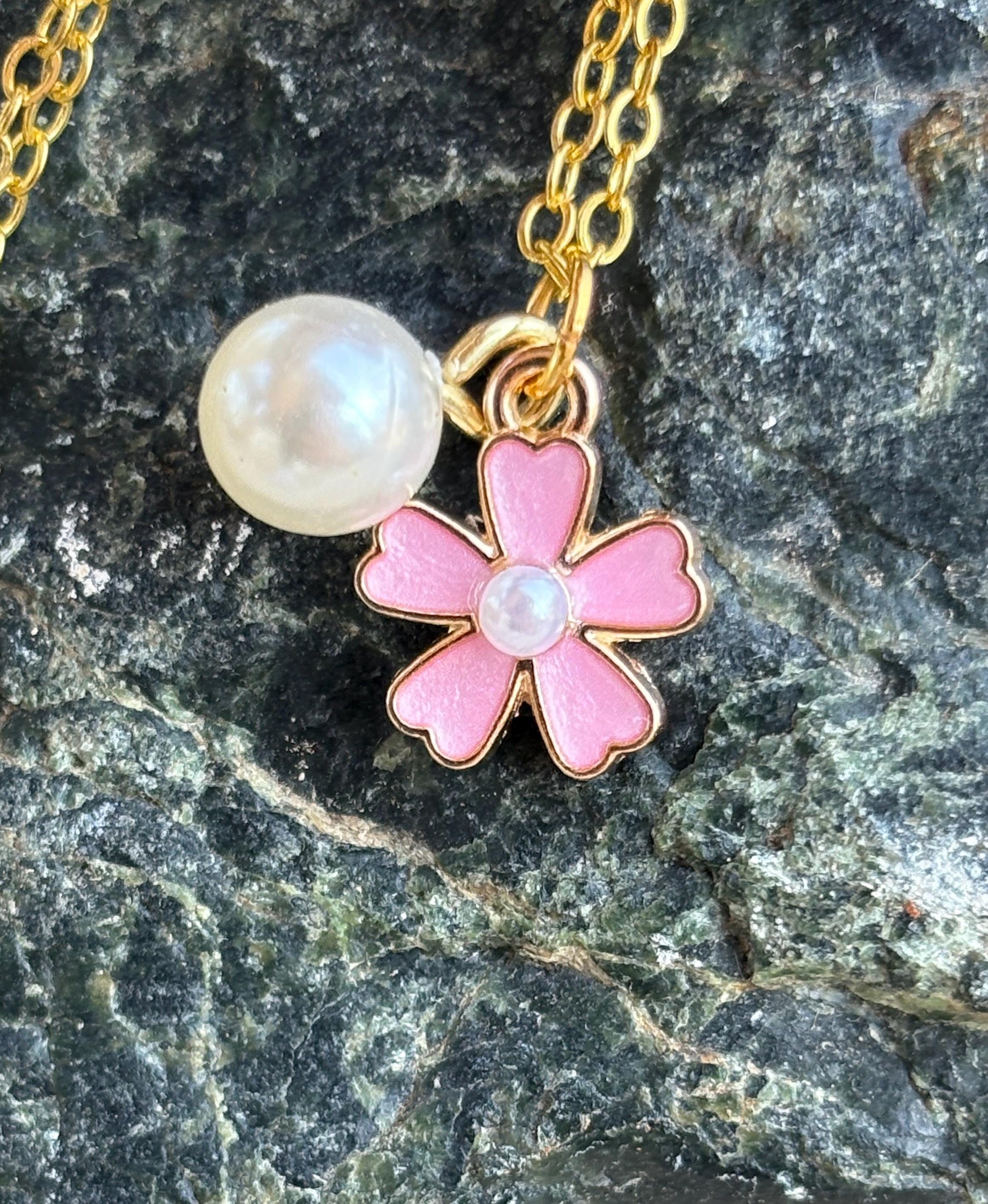 Pink Flower and Pearl Gold Necklace: Dainty Floral Charm Necklaces Consecrated Jewelry Co.