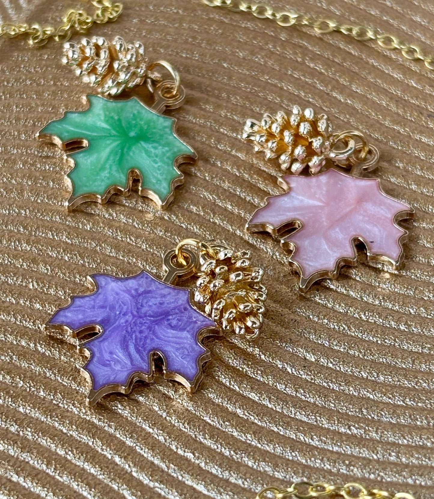 Pink, Putple, Green Leaf and Gold Pinecone Charm Necklace: Fall Autumn Season Pendant Necklaces Consecrated Jewelry Co.