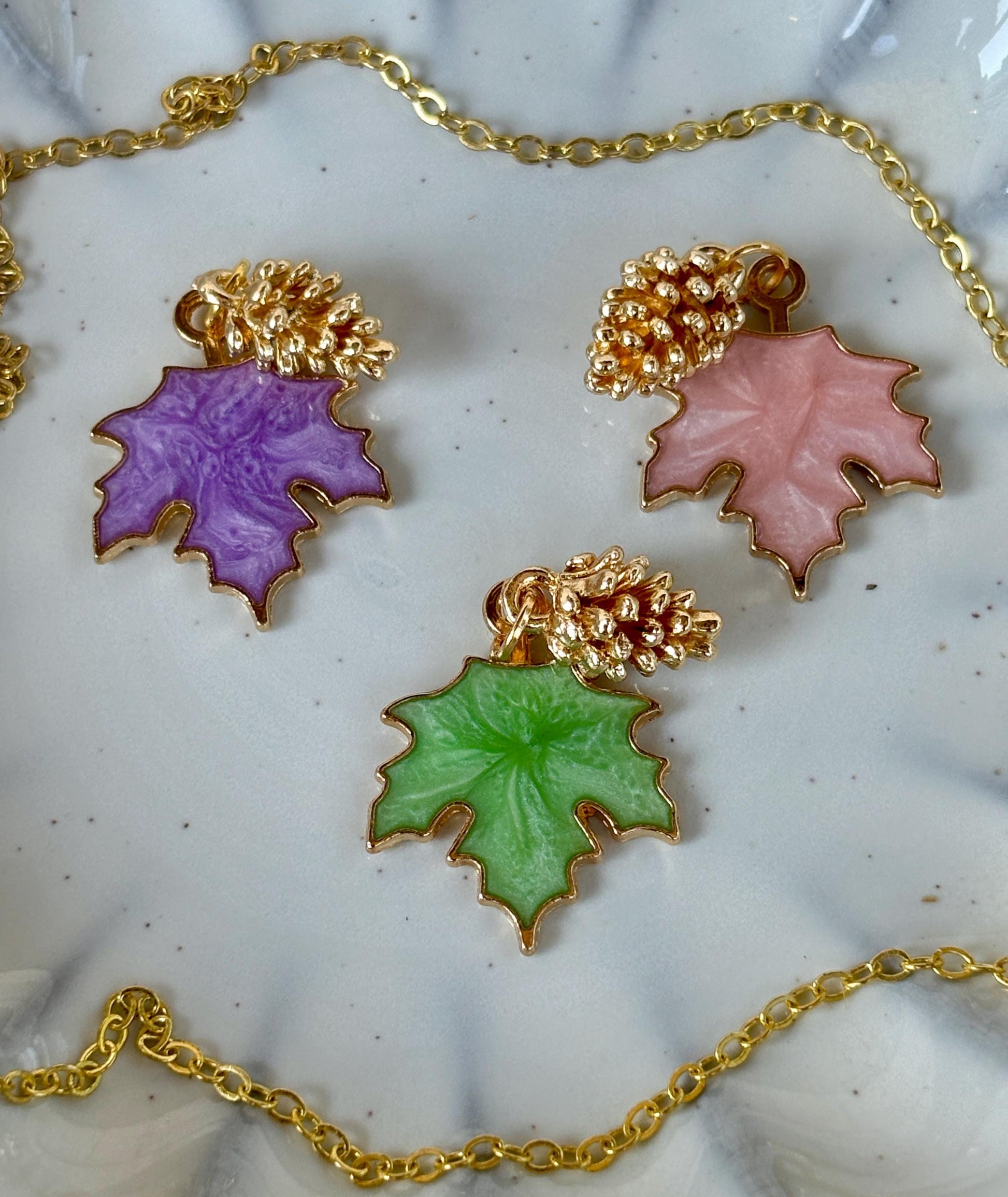 Pink, Putple, Green Leaf and Gold Pinecone Charm Necklace: Fall Autumn Season Pendant Necklaces Consecrated Jewelry Co.