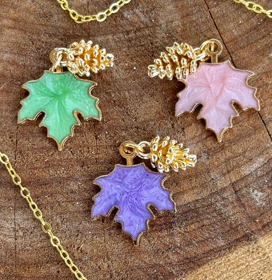 Pink, Putple, Green Leaf and Gold Pinecone Charm Necklace: Fall Autumn Season Pendant Necklaces Consecrated Jewelry Co.