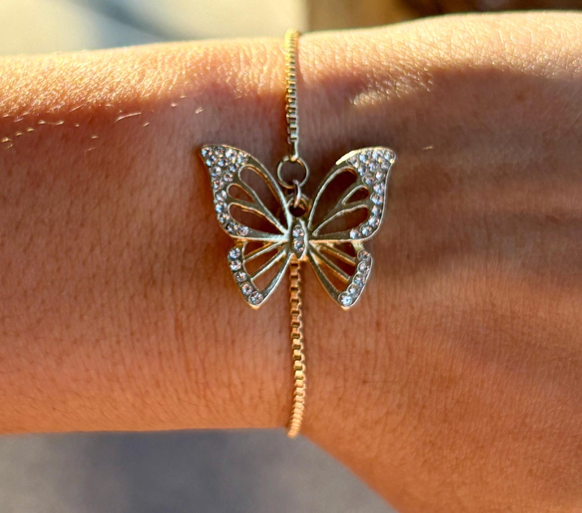 Gold and Gemstone Butterfly Charm Bracelet: Gemstone Accents, Adjustable Chain Bracelets Consecrated Jewelry Co.