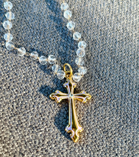Gold and White Cross Necklace: Clear Beaded Christian Faith Inspired Jewelry Necklaces Consecrated Jewelry Co.