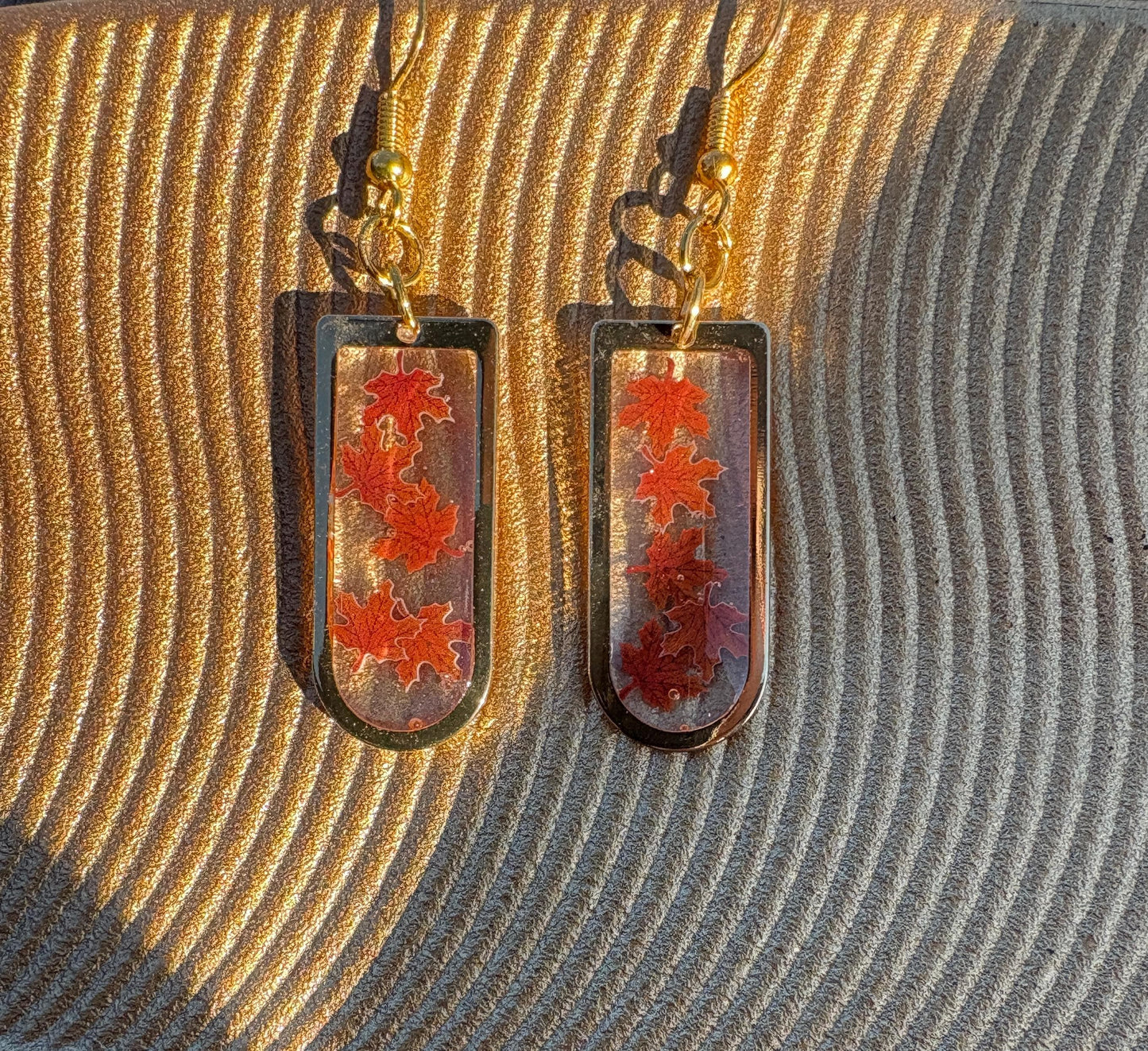 Gold Fall Dangle Earrings | Orange Red Brown Leaves Arched Frame Earrings Consecrated Jewelry Co.
