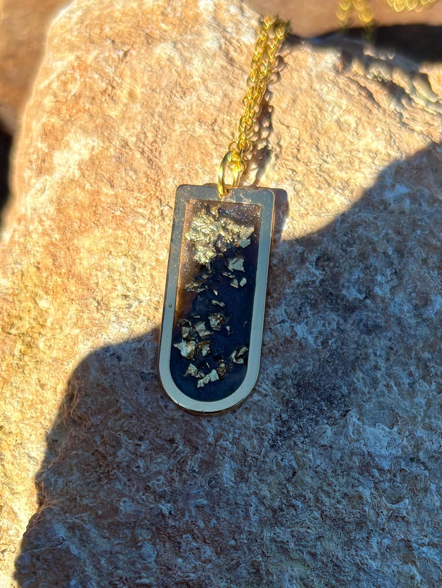 Blue Resin Necklace | Gold Flake Arched Pendant Gold Chain Necklaces Consecrated Jewelry Co.