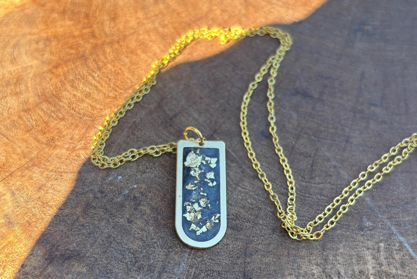 Blue Resin Necklace | Gold Flake Arched Pendant Gold Chain Necklaces Consecrated Jewelry Co.