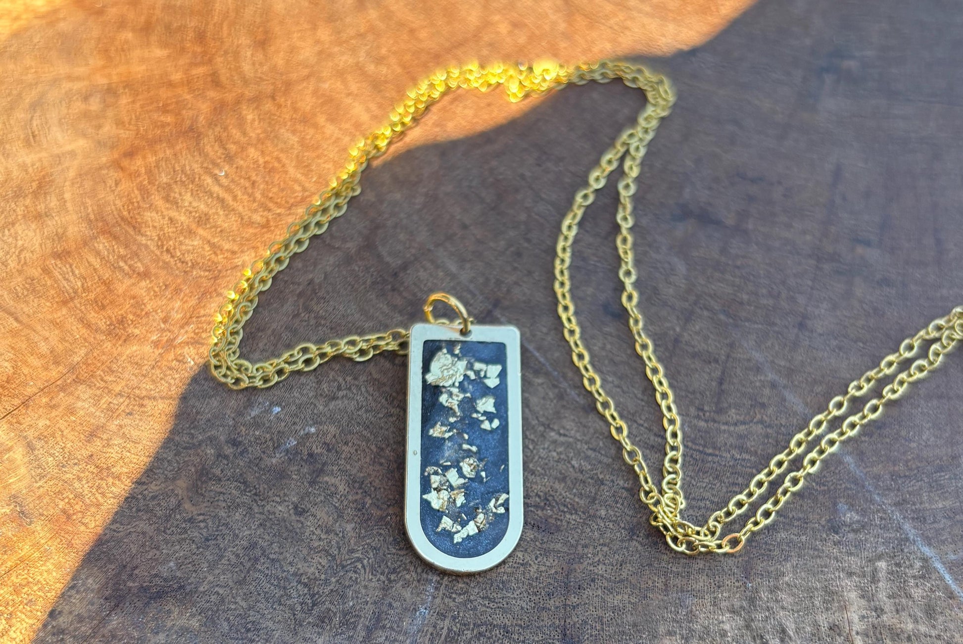 Blue Resin Necklace | Gold Flake Arched Pendant Gold Chain Necklaces Consecrated Jewelry Co.