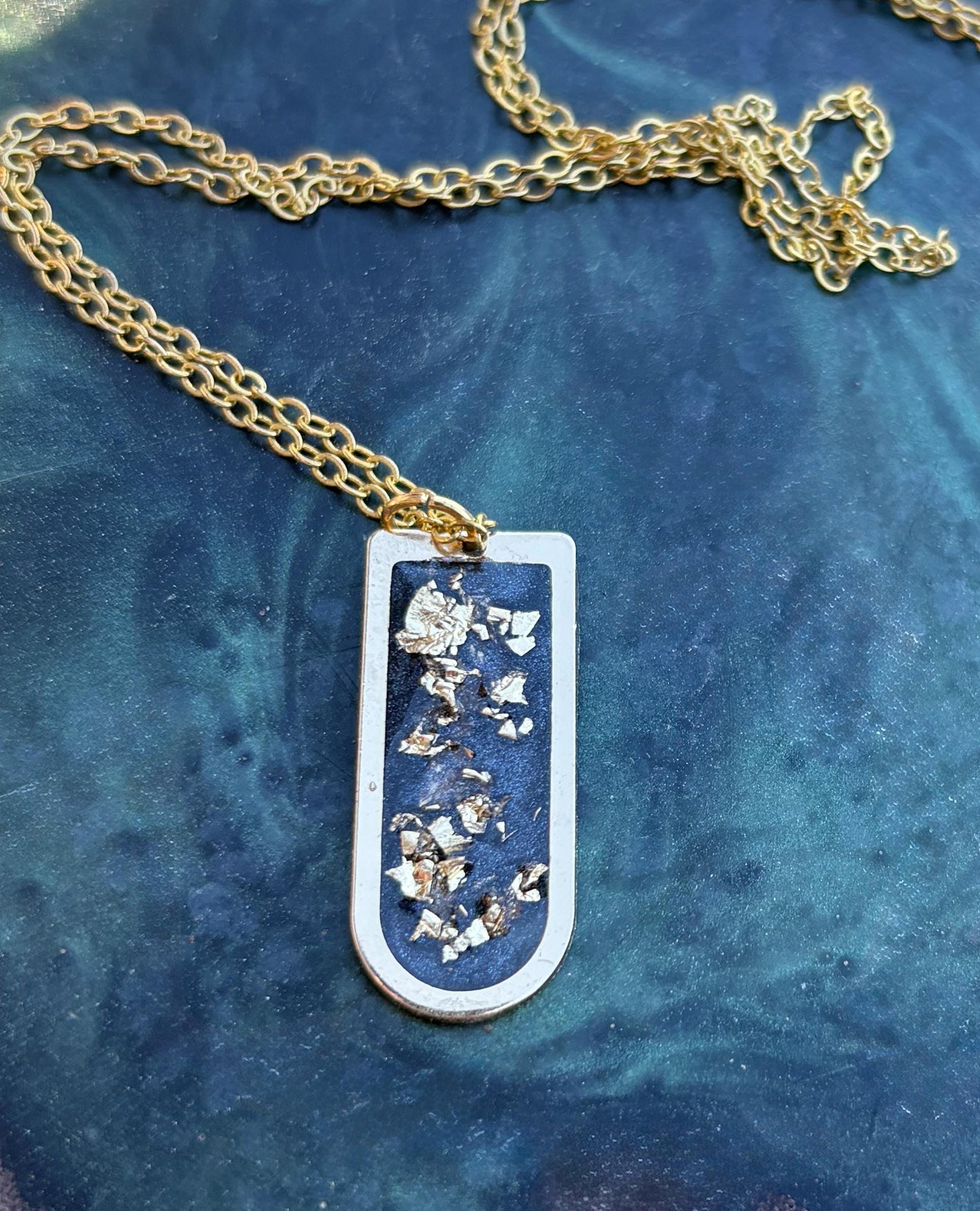 Blue Resin Necklace | Gold Flake Arched Pendant Gold Chain Necklaces Consecrated Jewelry Co.