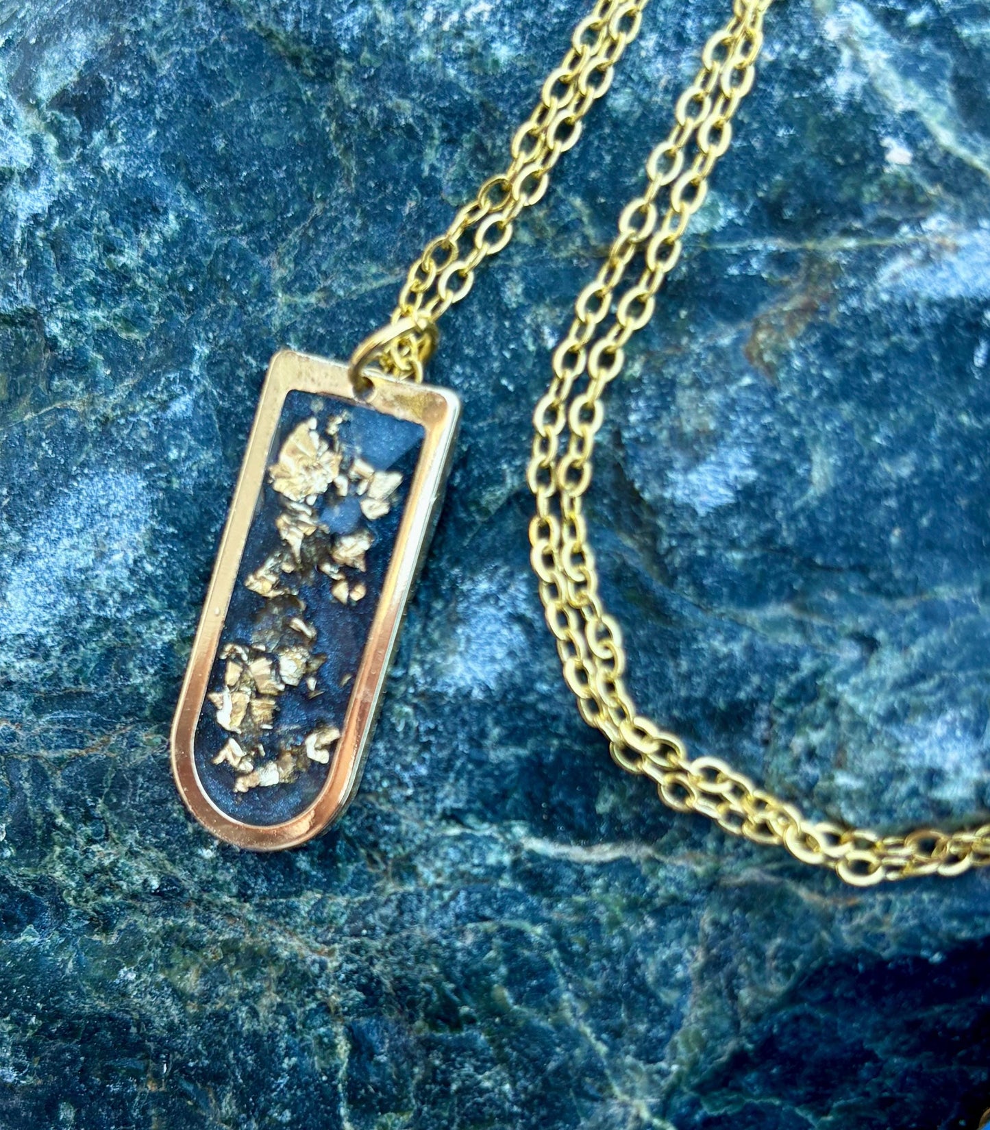 Blue Resin Necklace | Gold Flake Arched Pendant Gold Chain Necklaces Consecrated Jewelry Co.