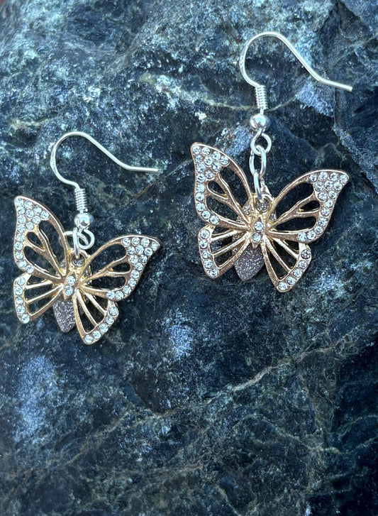 Gold Butterfly Dangle Earrings | Crystal Gemstone Silver Charm Earrings Consecrated Jewelry Co.