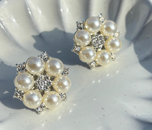 Pearl Flower Stud Earrings | Rhinestone Crystal White Wedding Earrings Consecrated Jewelry Co.