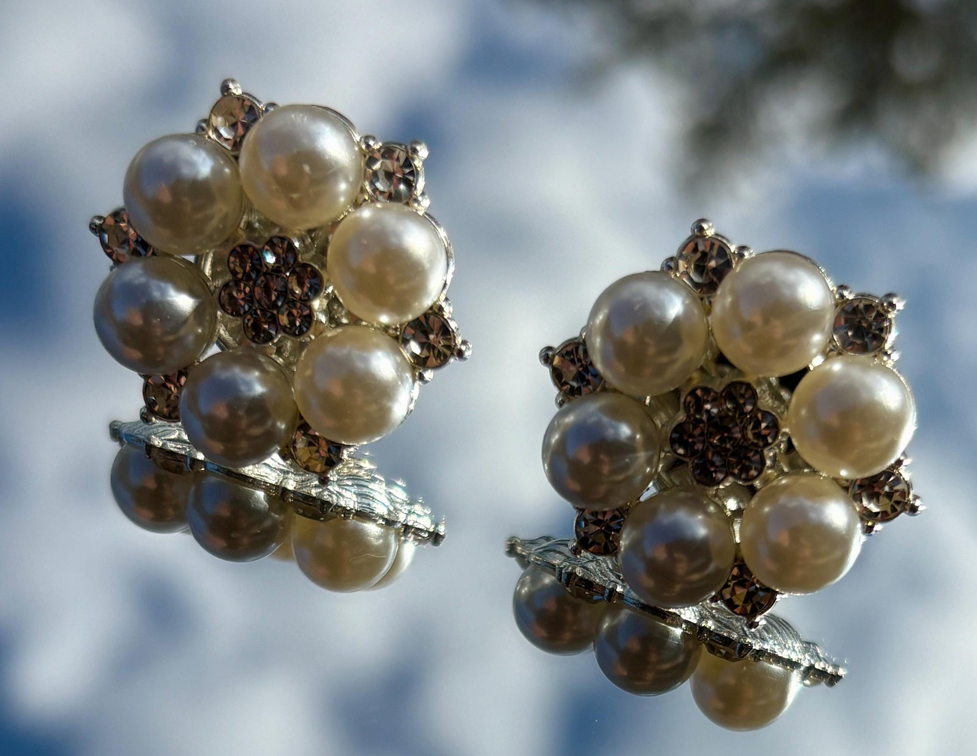 Pearl Flower Stud Earrings | Rhinestone Crystal White Wedding Earrings Consecrated Jewelry Co.