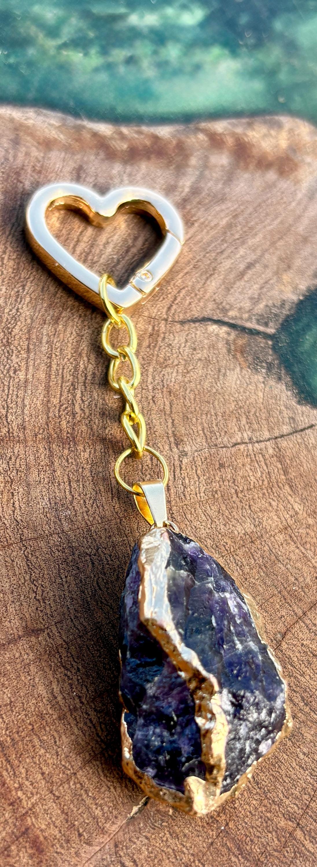 Purple Crystal Keychain | Gold Heart Carabiner Bag Charm Keychains Consecrated Jewelry Co.