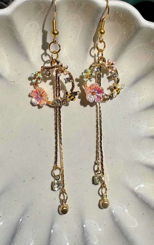 Gold Bee Flower Dangle Earrings | Crystal Garden Insect Earrings Consecrated Jewelry Co.