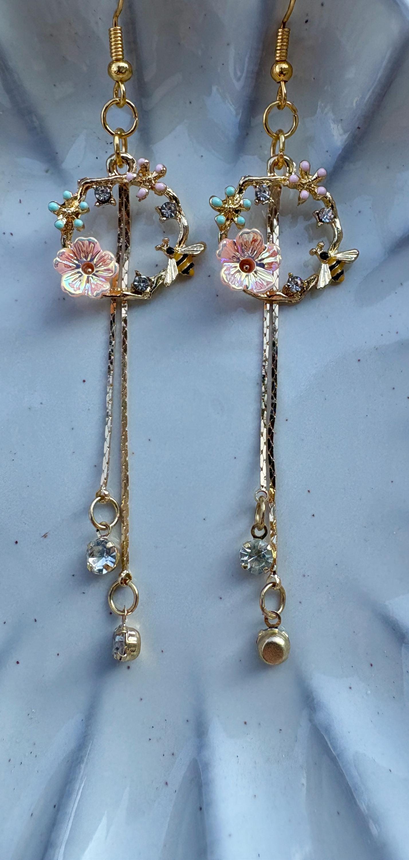 Gold Bee Flower Dangle Earrings | Crystal Garden Insect Earrings Consecrated Jewelry Co.
