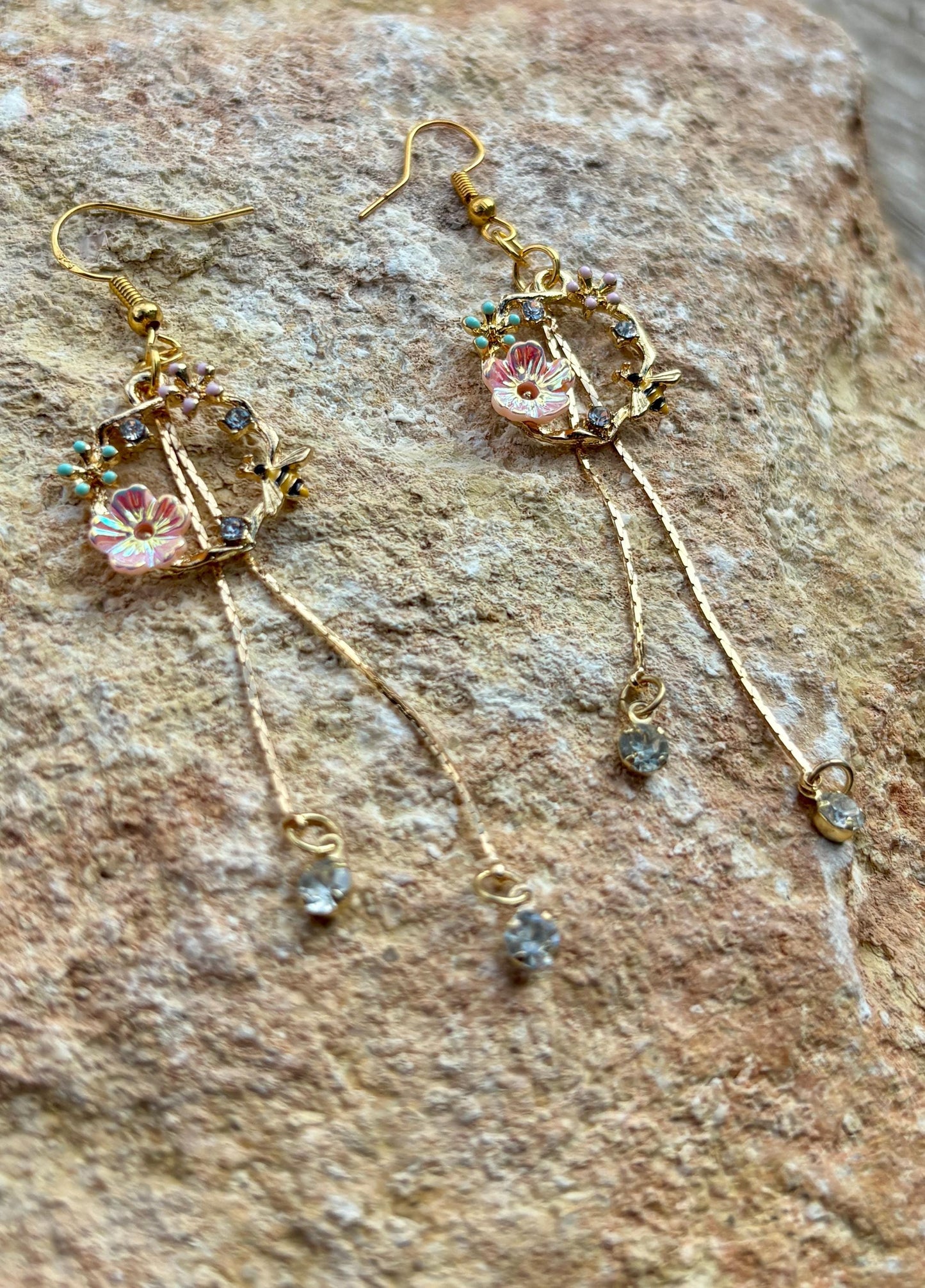 Gold Bee Flower Dangle Earrings | Crystal Garden Insect Earrings Consecrated Jewelry Co.