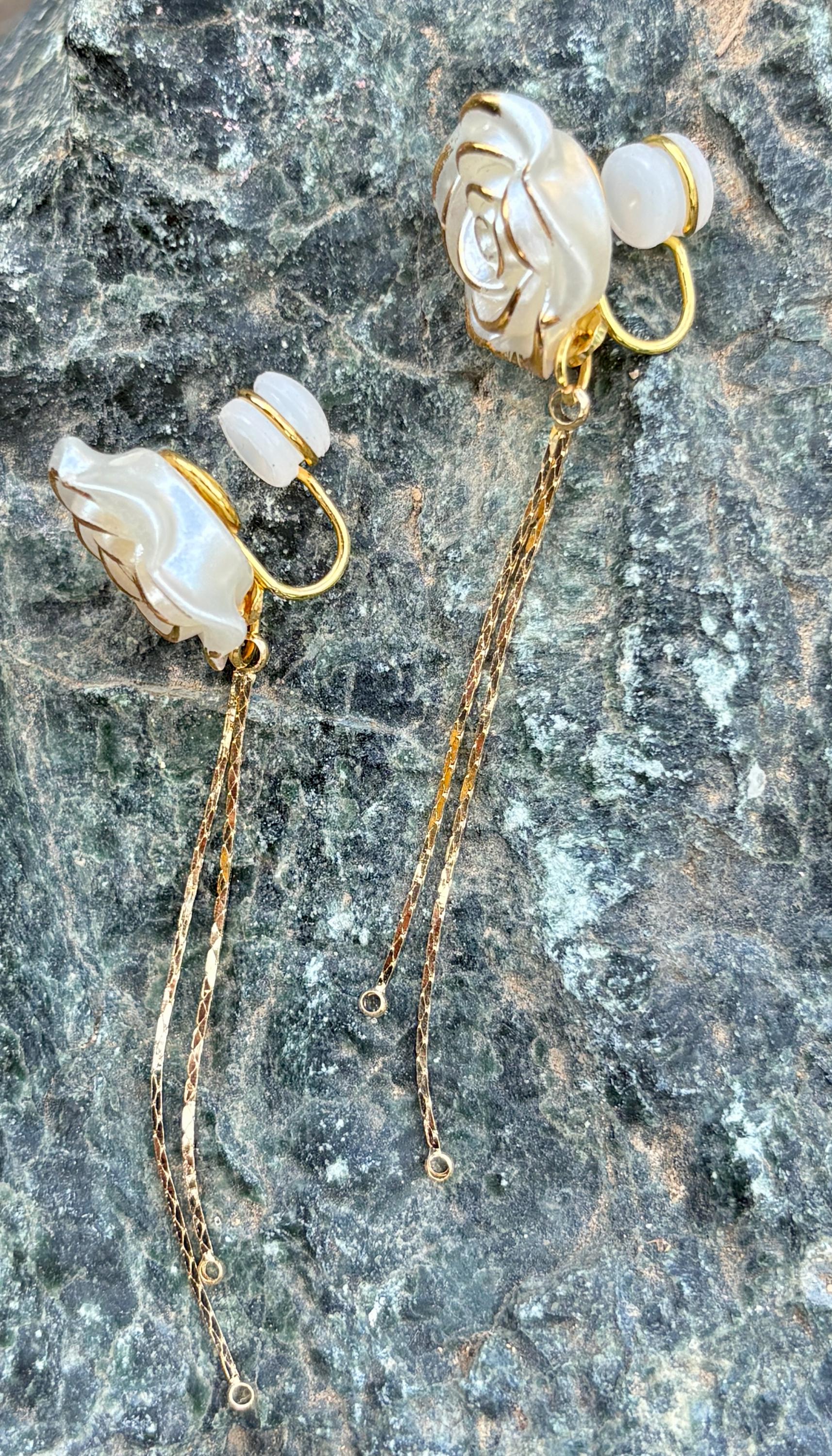 Distressed White Flower Clip-On Earrings | Gold Dangle Chain Earrings Consecrated Jewelry Co.