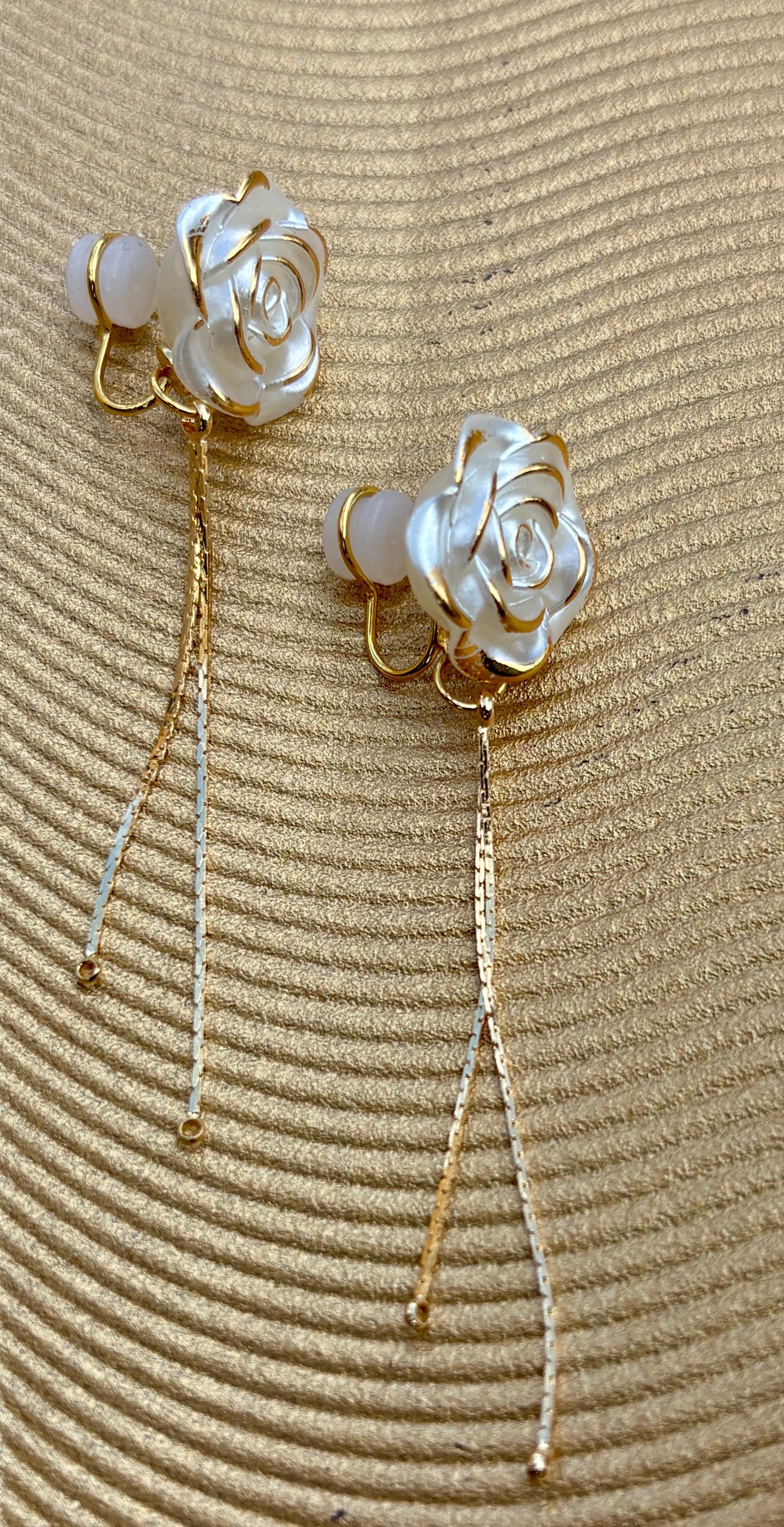 Distressed White Flower Clip-On Earrings | Gold Dangle Chain Earrings Consecrated Jewelry Co.