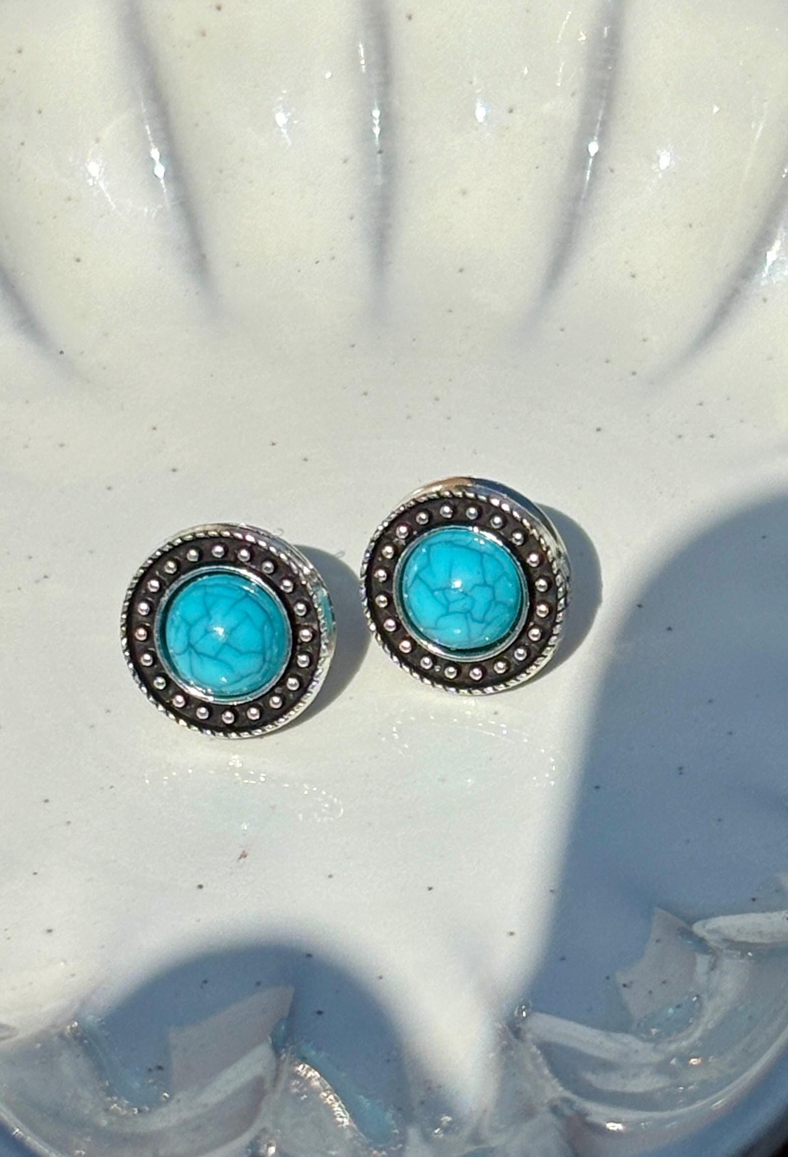 Silver Turquoise Stud Earrings | Beaded Boho Western Earrings Consecrated Jewelry Co.
