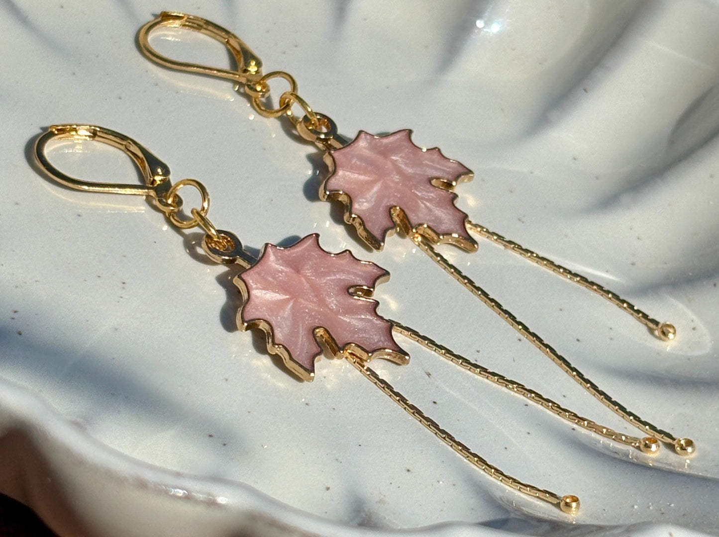 Pink Maple Leaf Dangle Earrings | Gold Huggie Boho Fall Autumn Earrings Consecrated Jewelry Co.