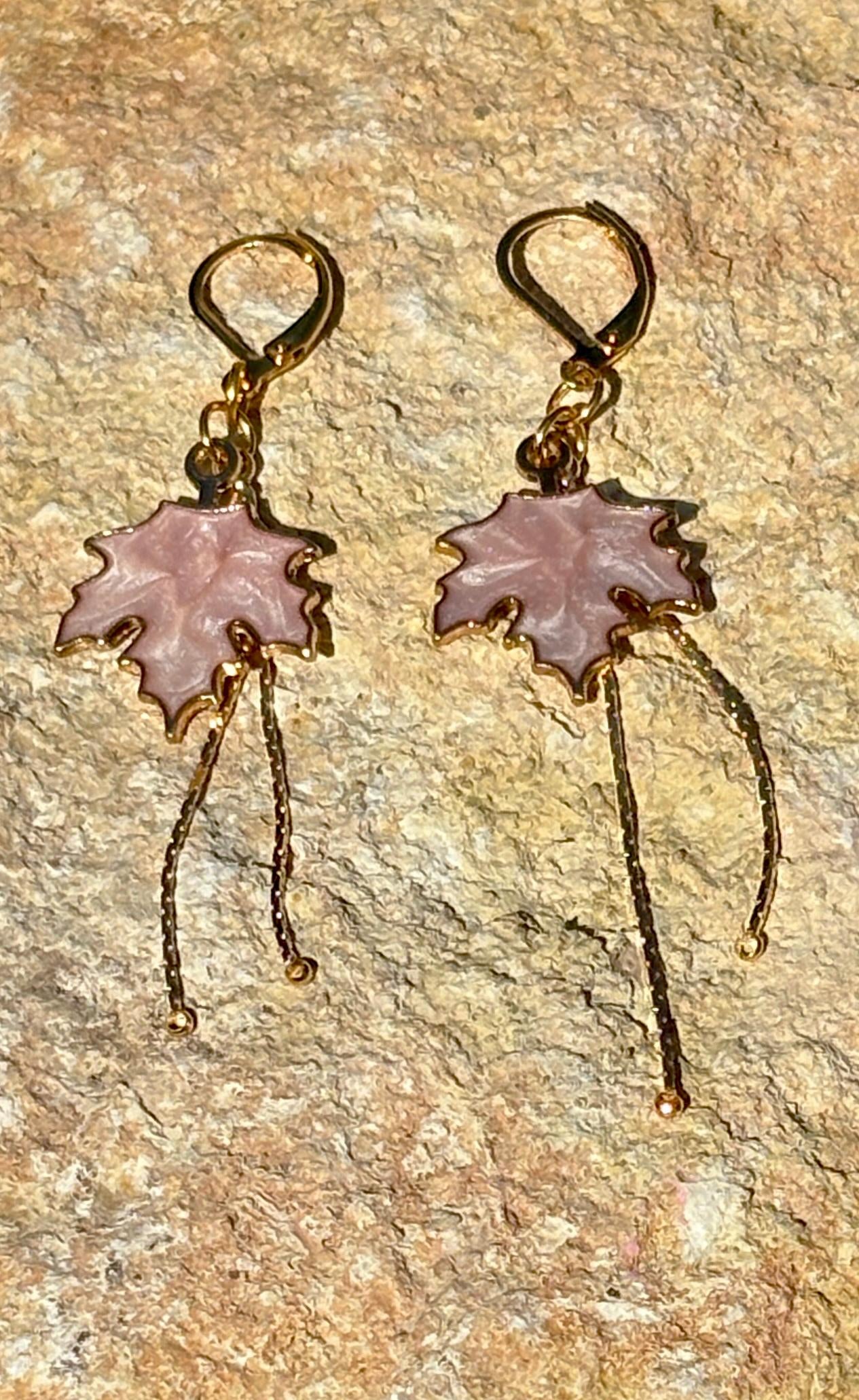 Pink Maple Leaf Dangle Earrings | Gold Huggie Boho Fall Autumn Earrings Consecrated Jewelry Co.
