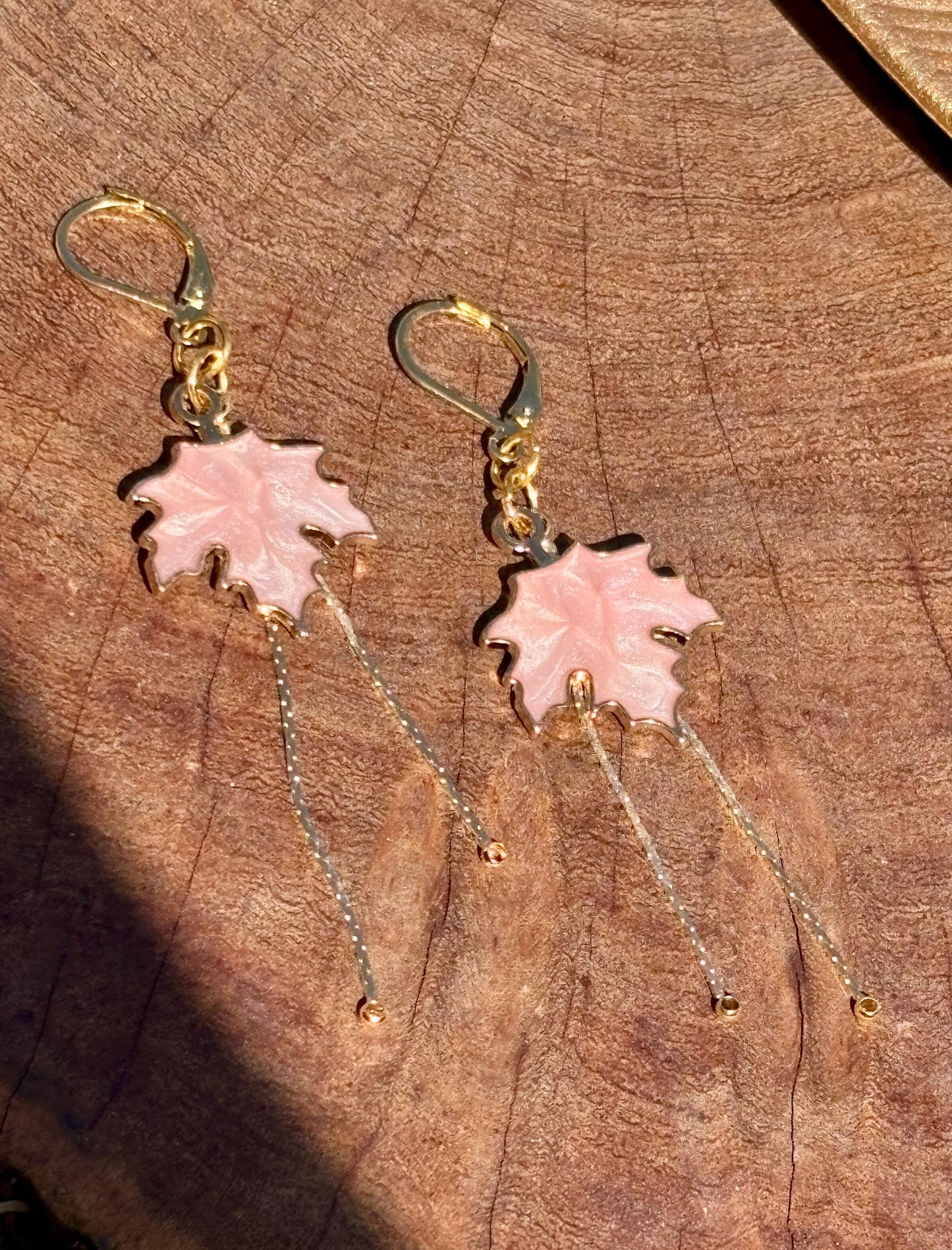 Pink Maple Leaf Dangle Earrings | Gold Huggie Boho Fall Autumn Earrings Consecrated Jewelry Co.