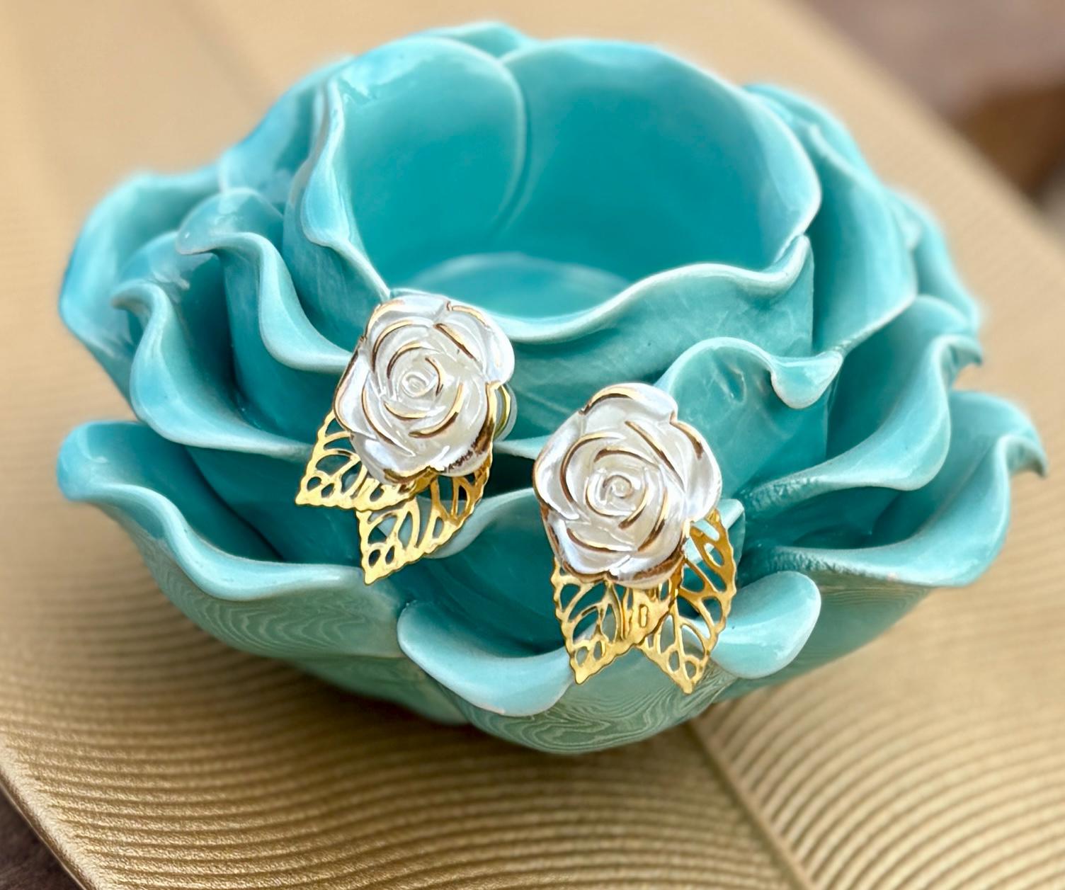 Gold Leaf & White Flower Clip-On Earrings | Boho Chic Stud Earrings Consecrated Jewelry Co.