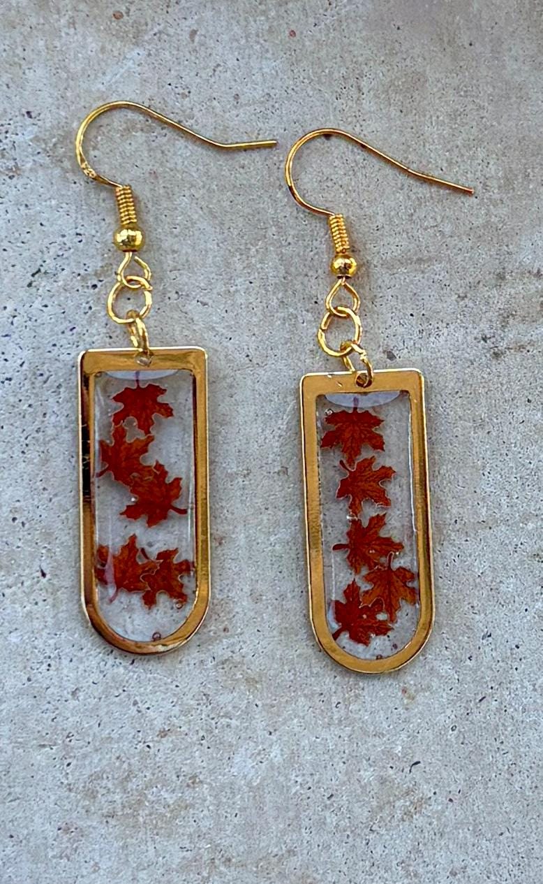 Gold Fall Dangle Earrings | Orange Red Brown Leaves Arched Frame Earrings Consecrated Jewelry Co.