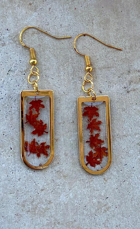Gold Fall Dangle Earrings | Orange Red Brown Leaves Arched Frame Earrings Consecrated Jewelry Co.