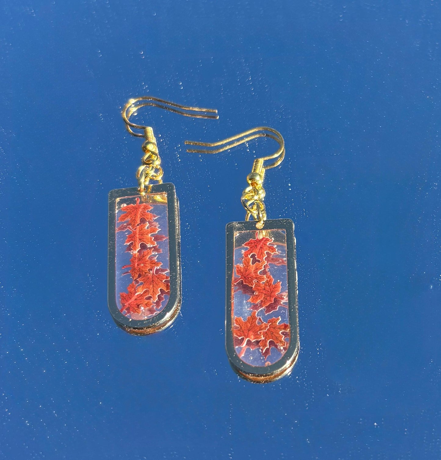 Gold Fall Dangle Earrings | Orange Red Brown Leaves Arched Frame Earrings Consecrated Jewelry Co.