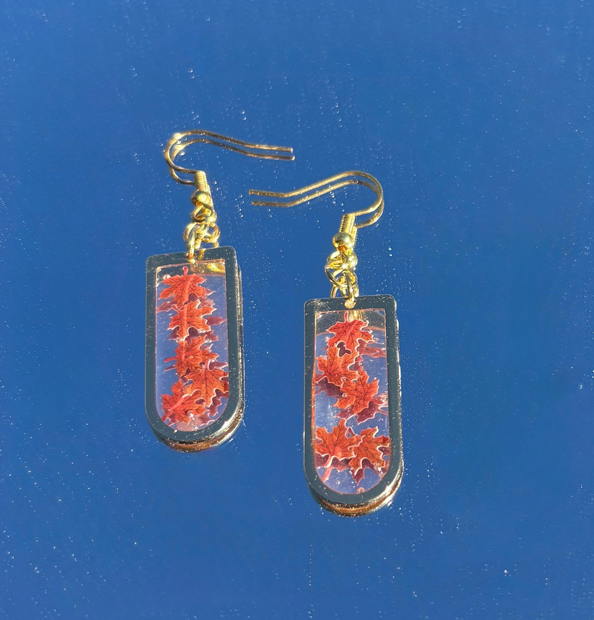 Gold Fall Dangle Earrings | Orange Red Brown Leaves Arched Frame Earrings Consecrated Jewelry Co.